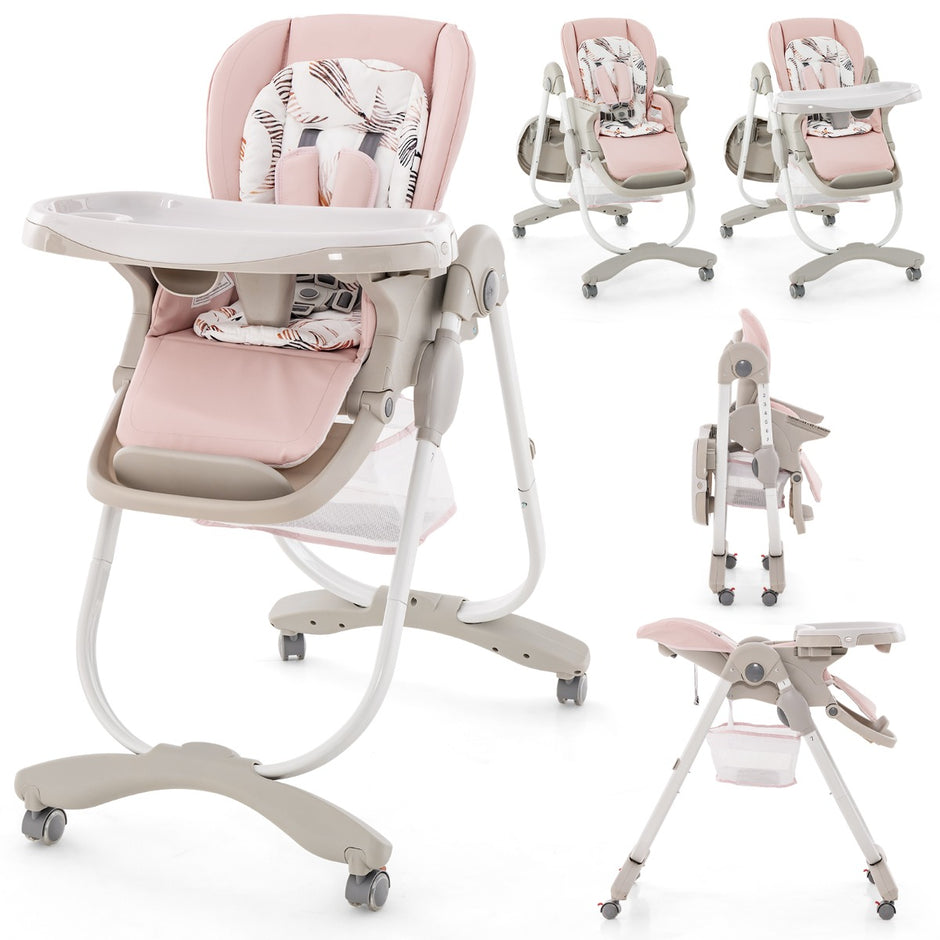 Hopfällbar – barnstol med hjul och justerbar höjd fotstöd ryggstöd Babysits – Rosa