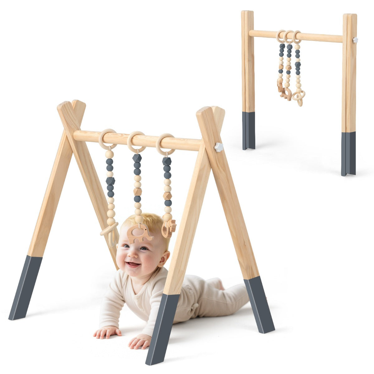 Babygym – Babylekutrustning Lek trapets Lekbåge Träleksaksaktivitetscenter med barnleksaker – 3 – Grå