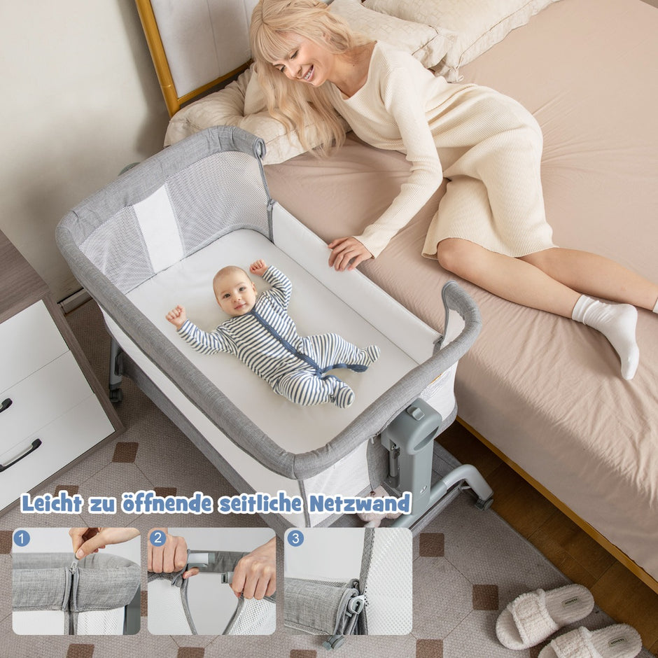 i – mobil babysäng med myggnät och madrass justerbara höjder – 4 1 6 – Grå