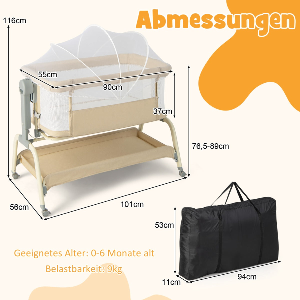 i – mobil babysäng med myggnät och madrass justerbara höjder – 4 1 6 – Beige