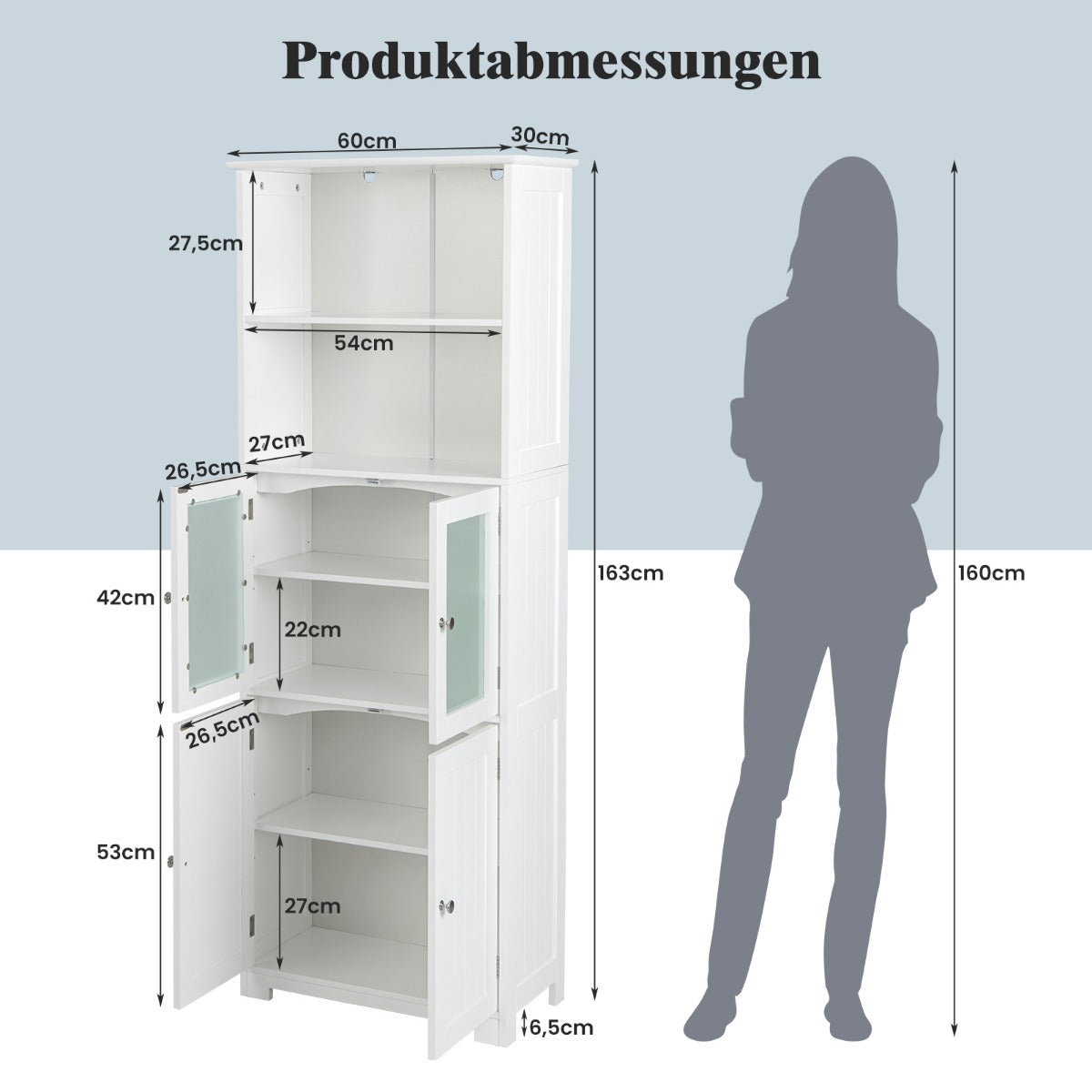 Högt – badrumsskåp Fristående förvaringsskåp – 60 x 30 x 163 cm – Vit