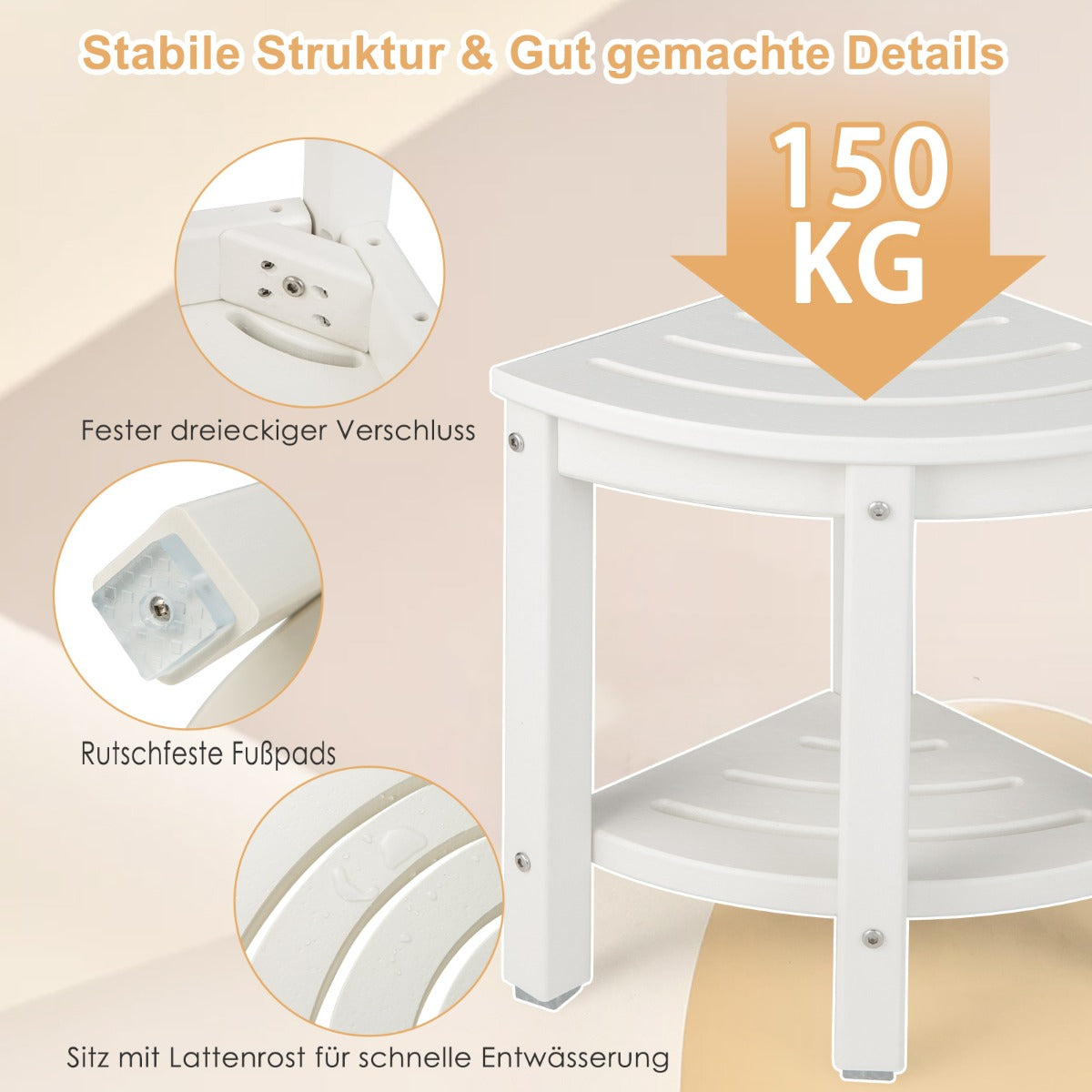 Duschbänk – med hylla Sits Hörnduschpall – 32,5 x 32,5 x 43,5 cm – Vit