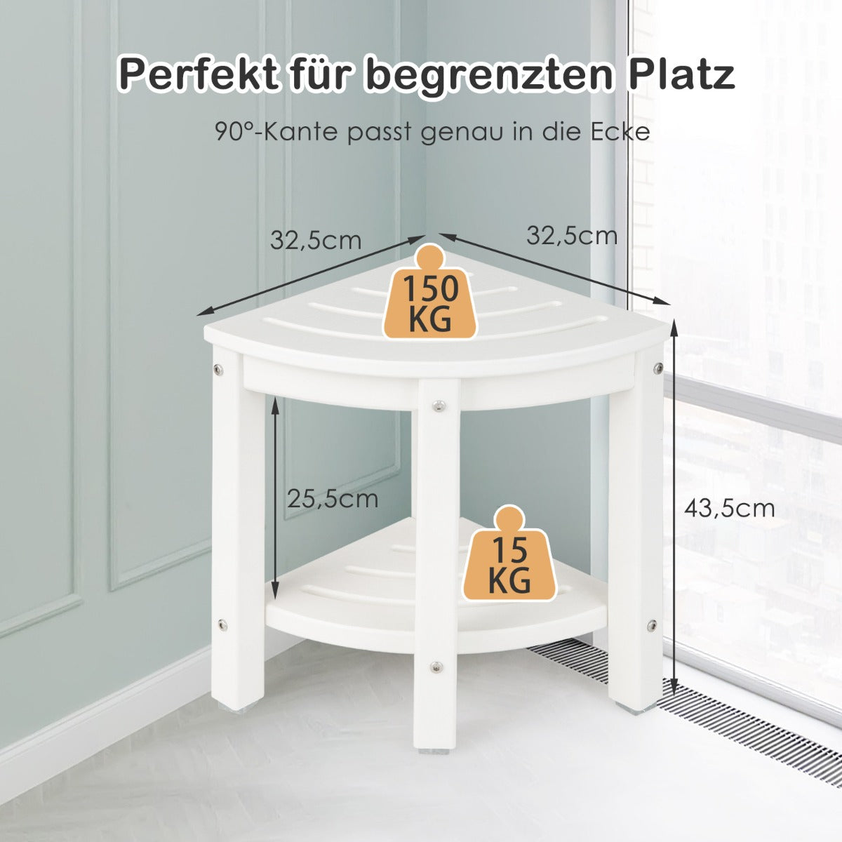 Duschbänk – med hylla Sits Hörnduschpall – 32,5 x 32,5 x 43,5 cm – Vit