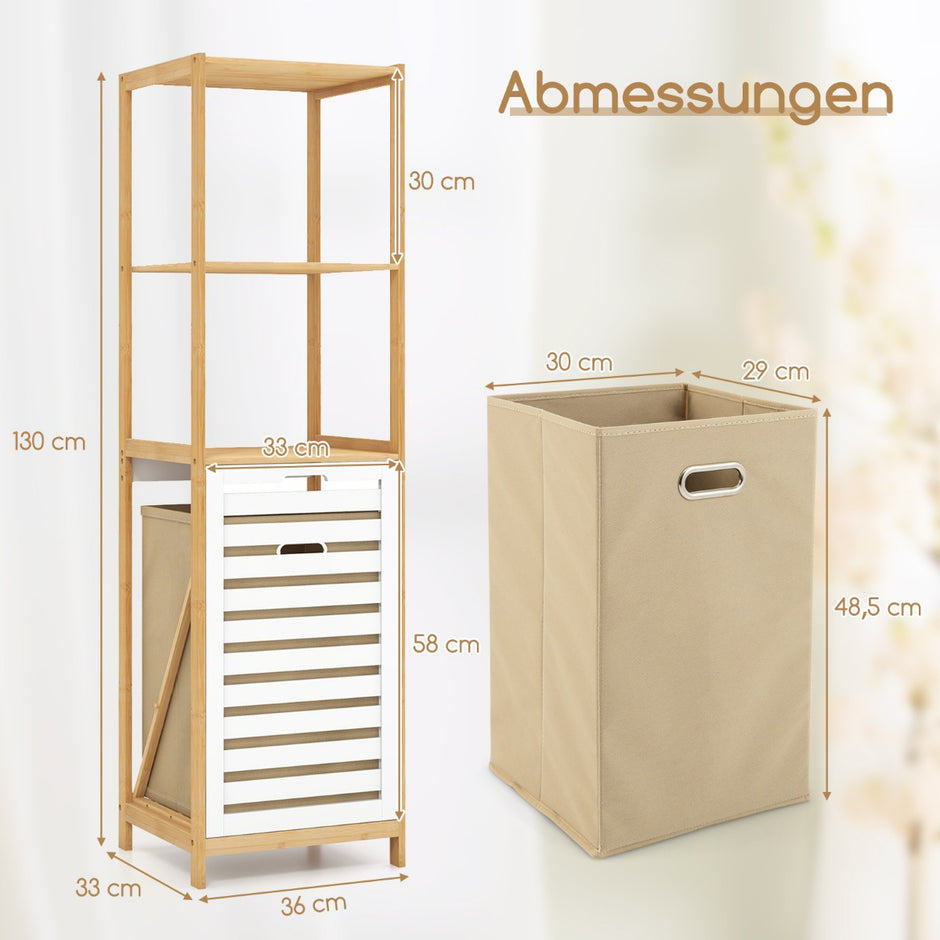 vånings – badrumshylla med lutande tvättkorg i bambu högt skåp + – 4 36 x 33 x 130 cm – Natur