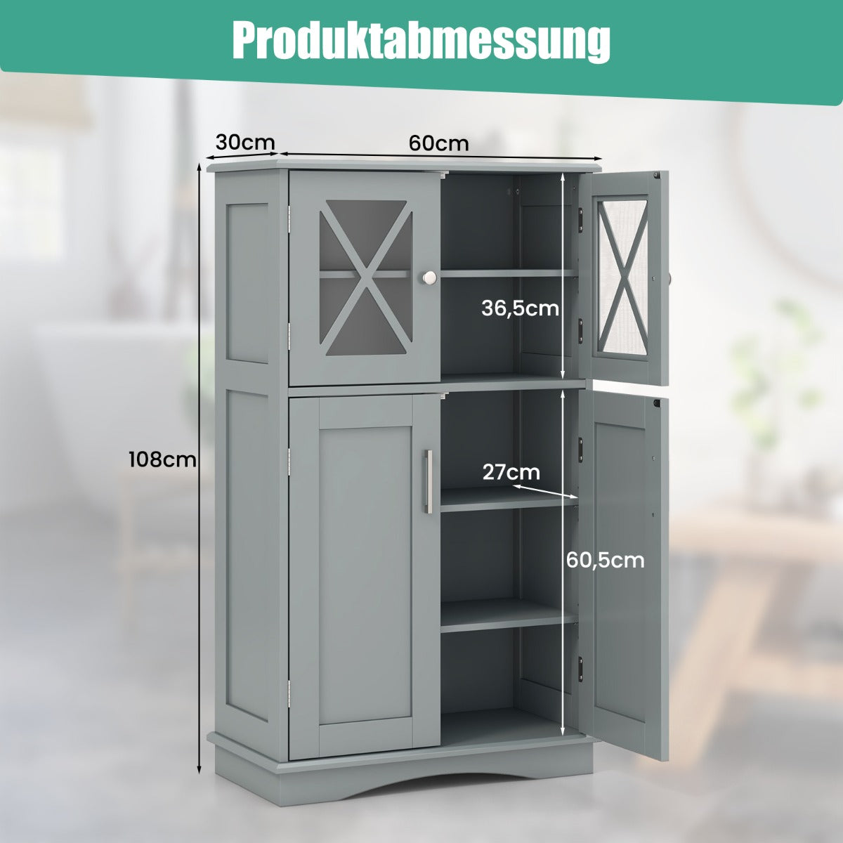 Toalettskåp – för badrummet Tvättskåp med dörrar – 60 x 30 x 108 cm – Grå