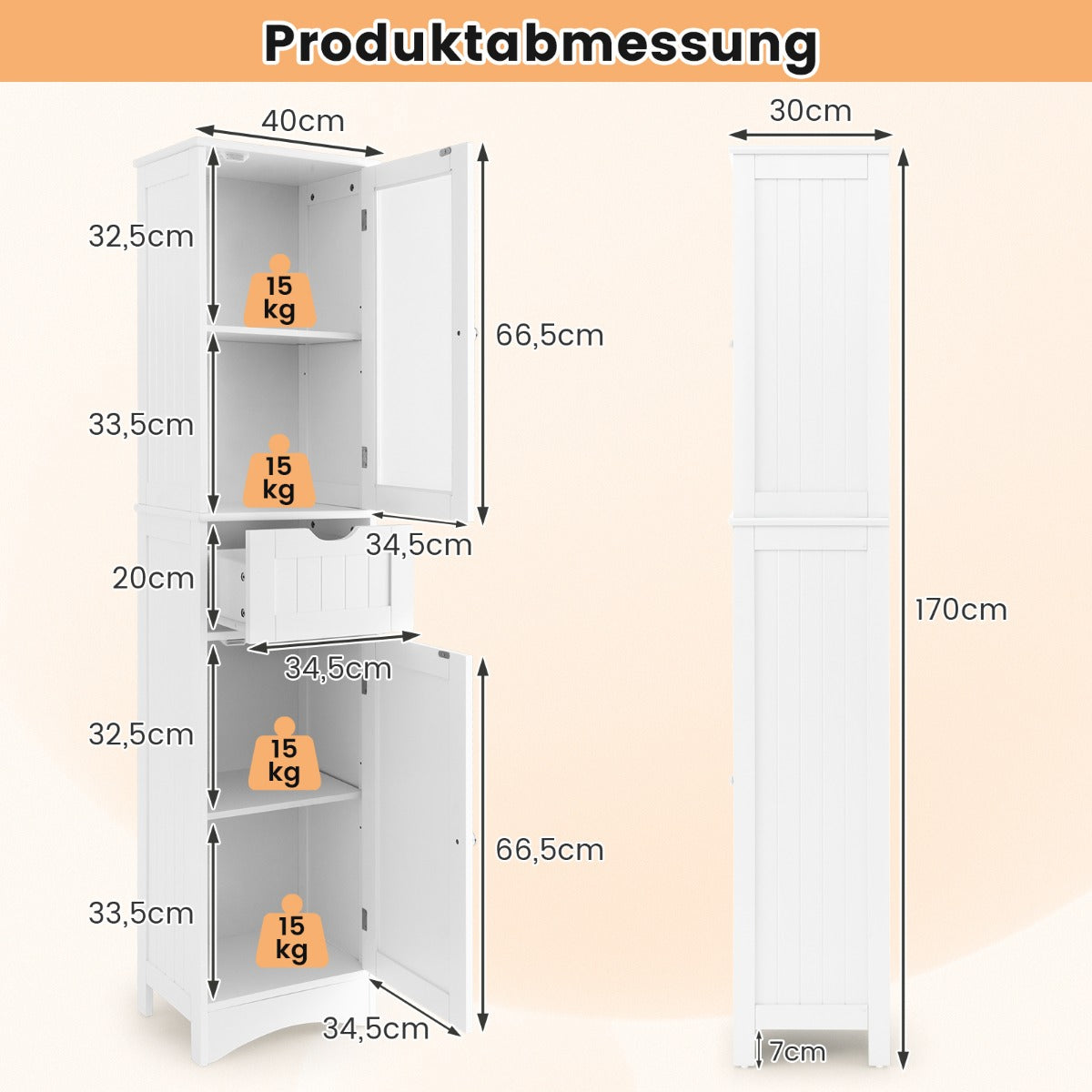 Badrumsskåp – med dörrar och låda Fristående högskåp – 2 1 40 x 30 x 170 cm – Vit
