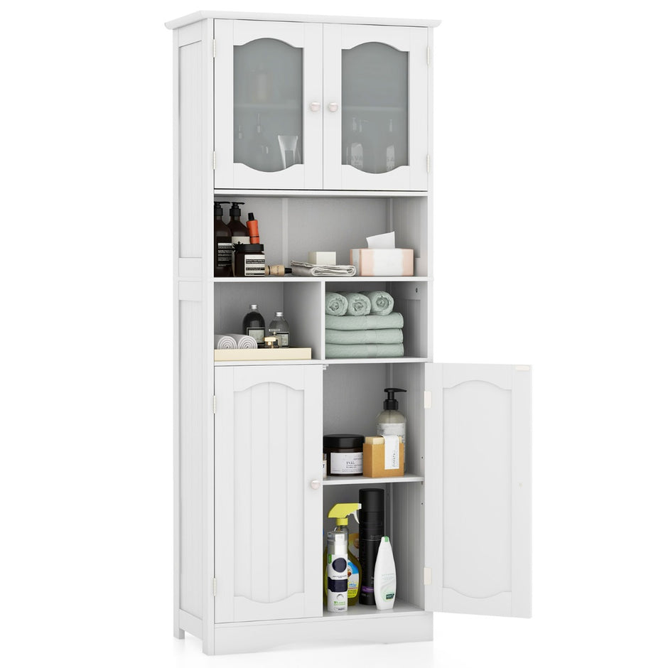 Badrumsskåp – Fristående Högskåp med dörrar och hyllor – 4 60 x 30 x 148,5 cm – Vit