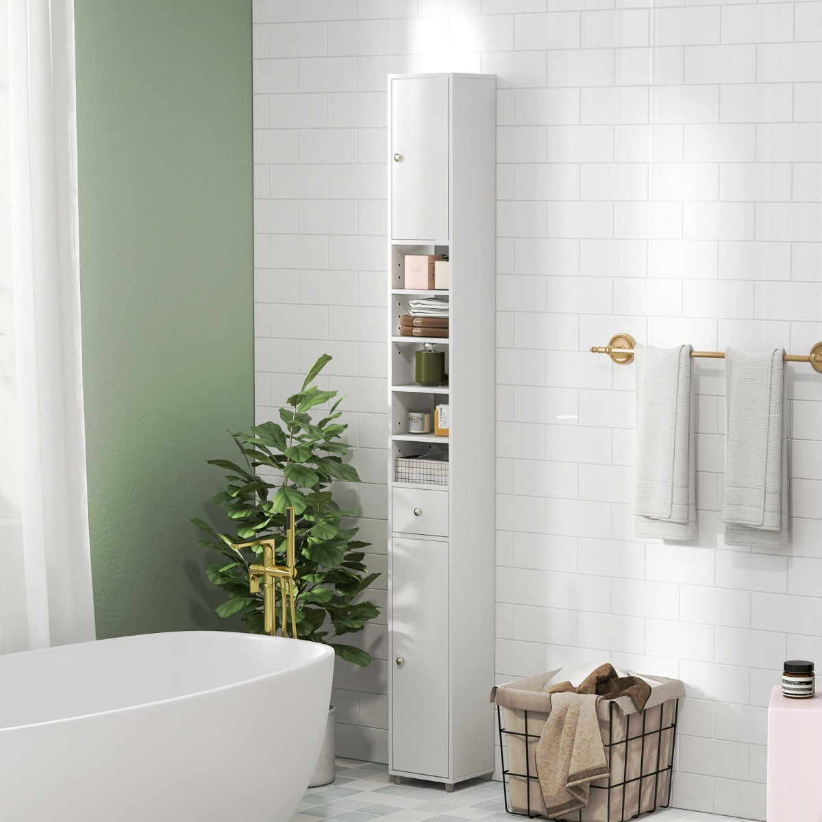 Smalt – badrumsskåp högskåp med dörrar och låda – 2 1 20 x 20 x 180 cm – Vit