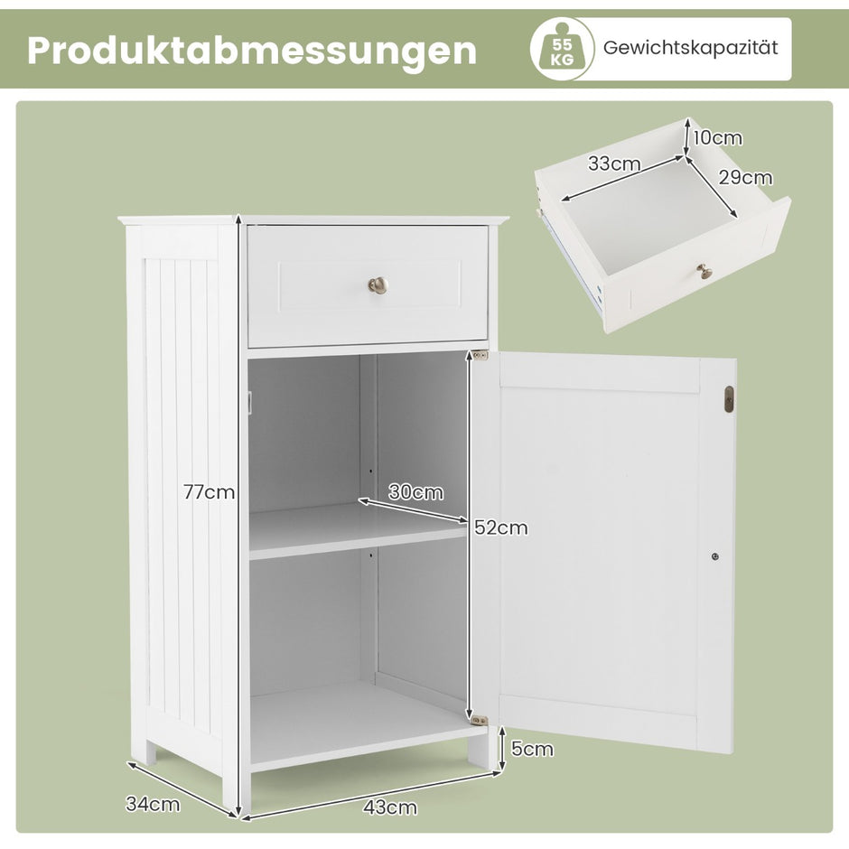 Badrumsskåp – smalt med låda och lucka – 43 x 34 x 77 cm – Vit