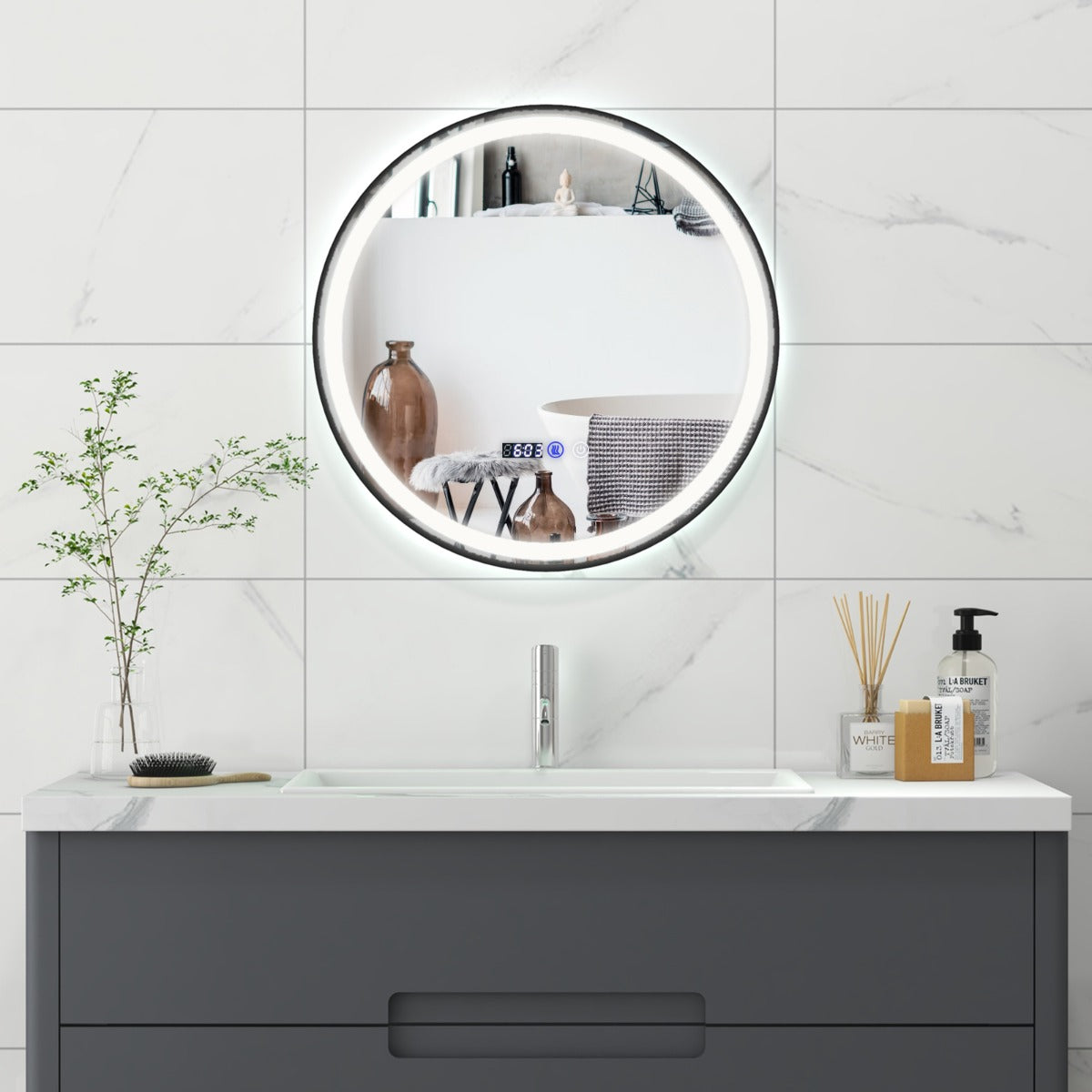 Upplyst – badrumsspegel med färgs LED ljus och minnesfunktion anti dimfunktion – 3 – Silver