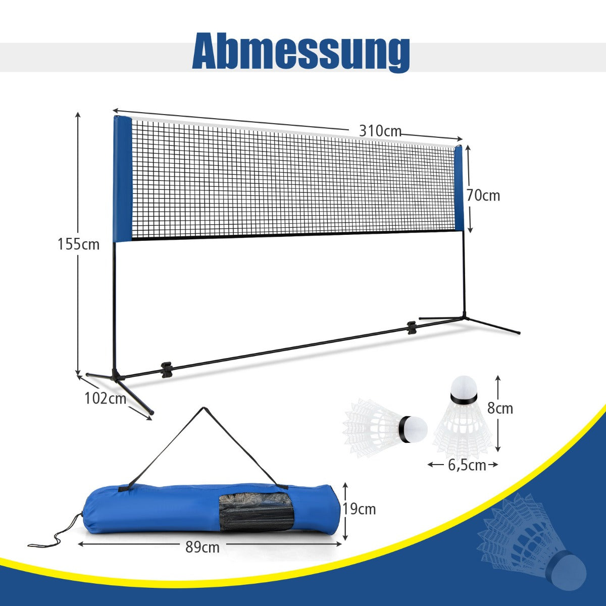 Badmintonnät – med stativ, höjdjusterbart fjäderbollar och bärväska – 2 310 x 102 x 89-155 cm – Svart