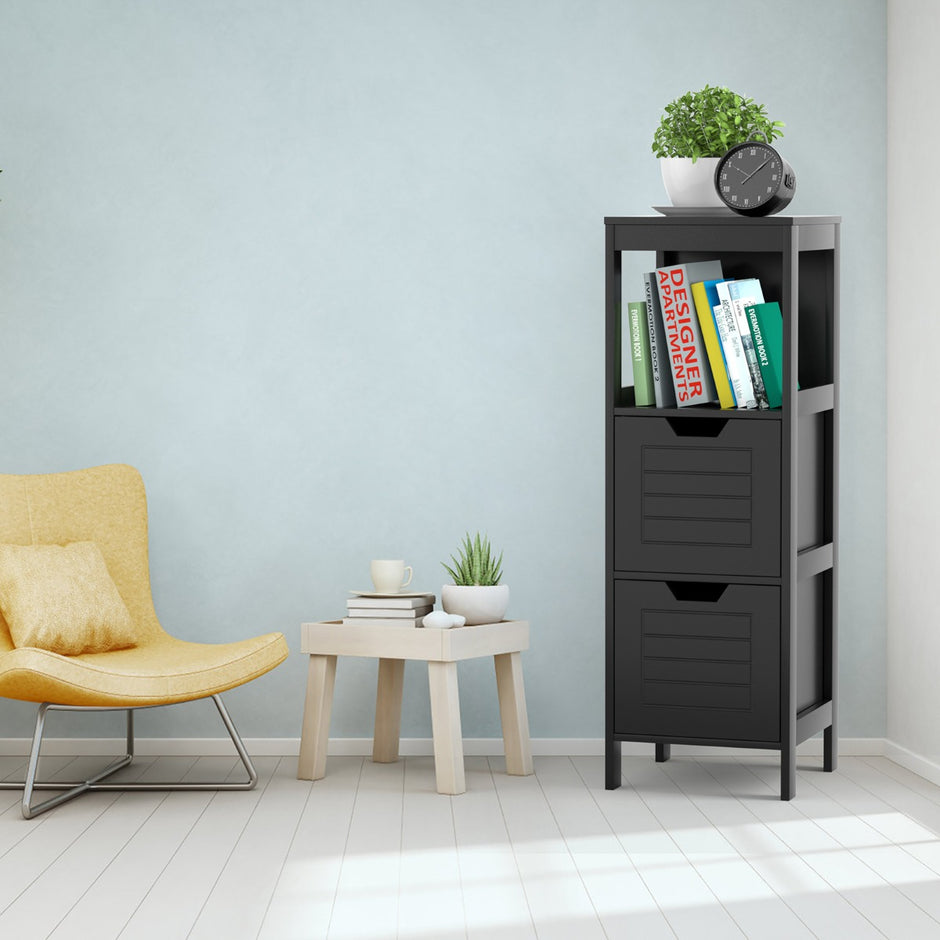 Badrumsskåp – i trä med lådor – 2 30 x 30 x 89 cm – Svart