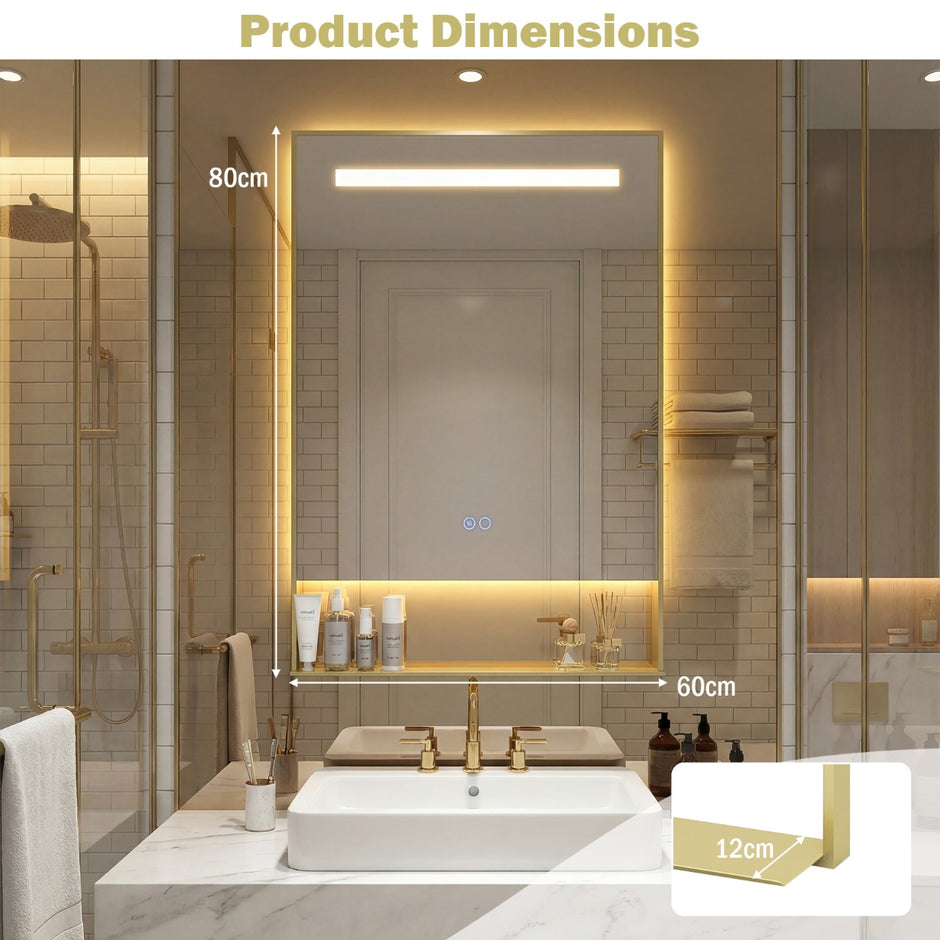 LED Badrumsspegel – med Ljusfärger och Justerbart Ljusstyrka Väggmonterad Sminkspegel – 3 80 x 60 cm – Guld