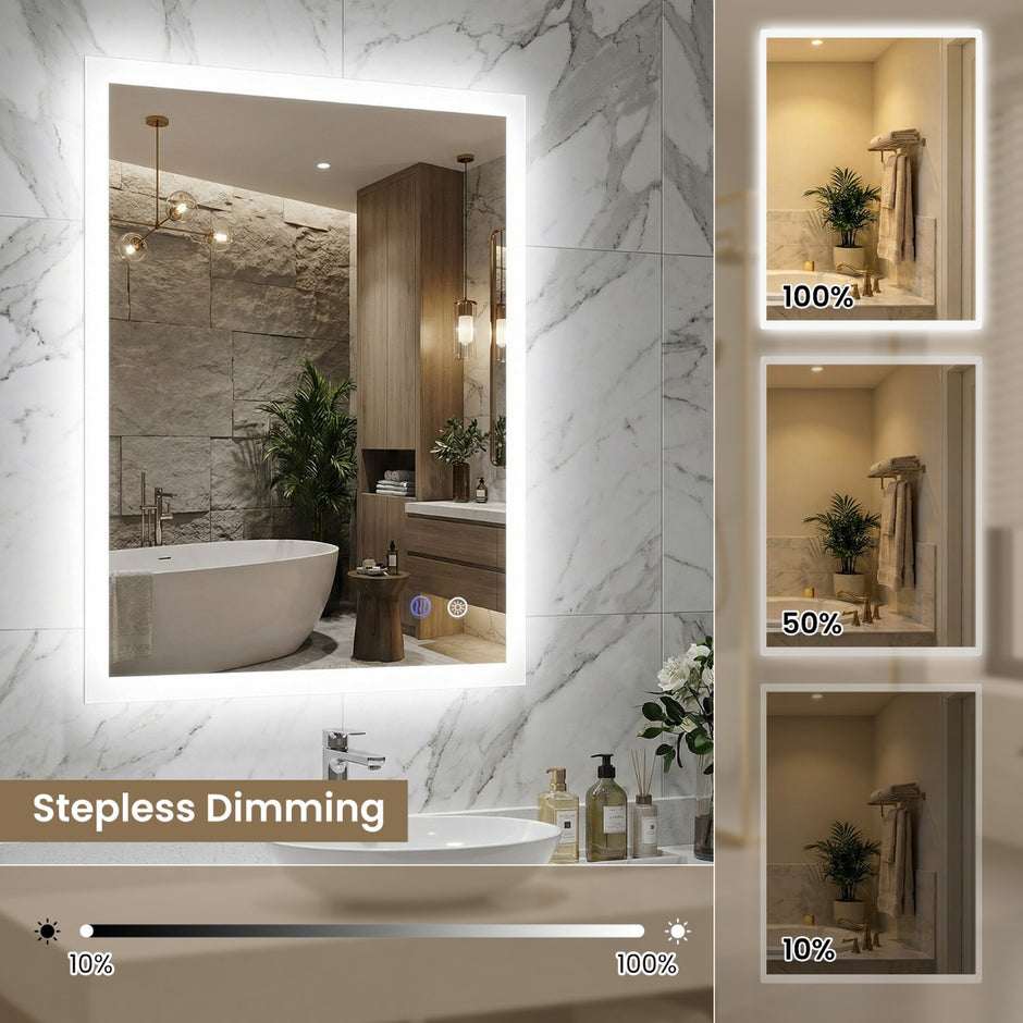 LED badrumsspegel – rektangulär väggspegel med imma säkert minnesfunktion – 80 x 60 cm – Silver