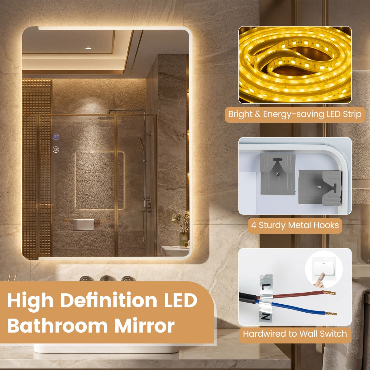LED badrumsspegel – med antibeslag, dimbar belysning, sminkspegel cm. – 70 x 50 – Silver