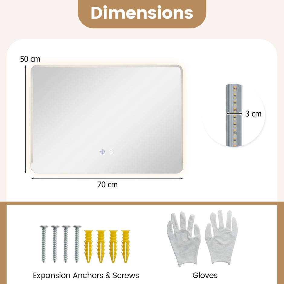 LED badrumsspegel – med antibeslag, dimbar belysning, sminkspegel cm. – 70 x 50 – Silver