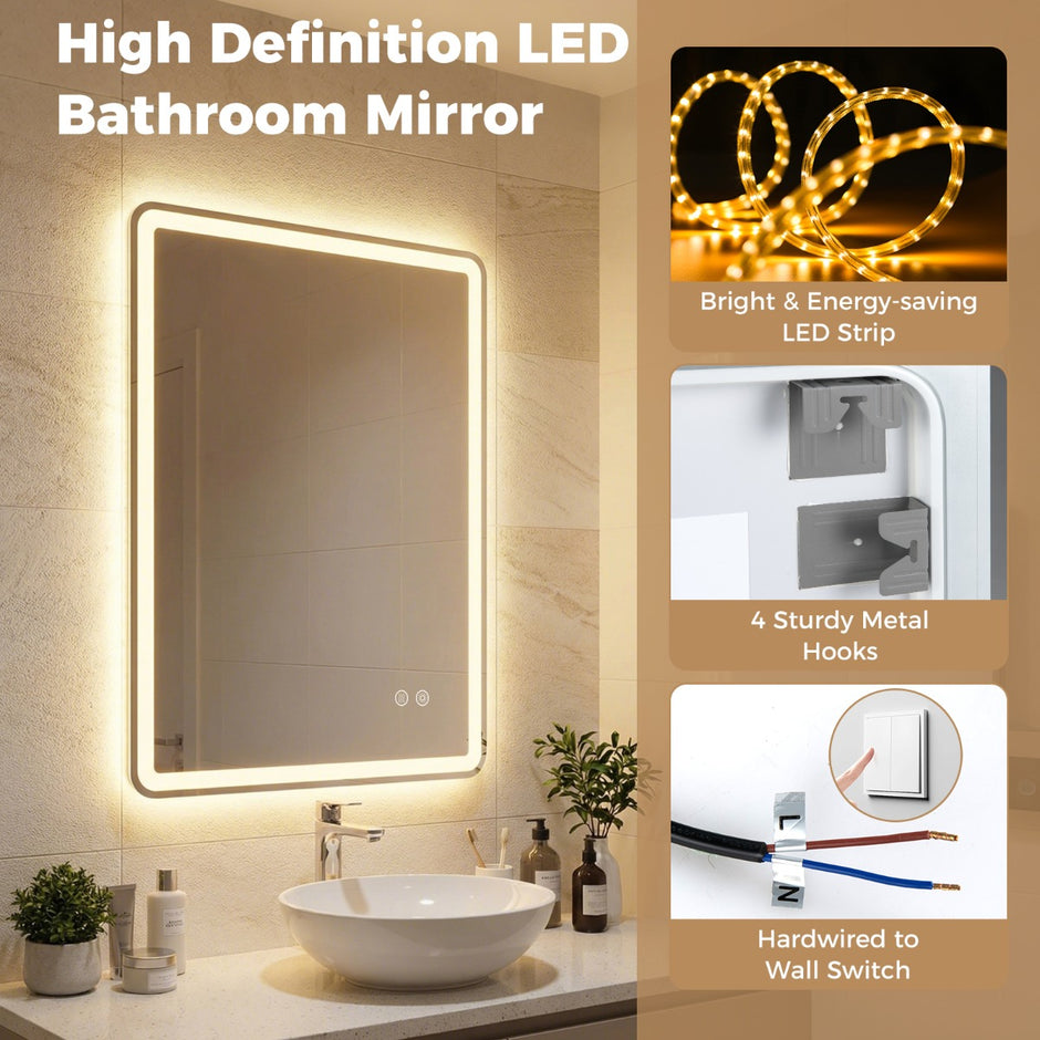 Badrumsspegel – med LED belysning och imma säker väggspegel i härdat glas cm. – 80 x 60 x 3 – Silver