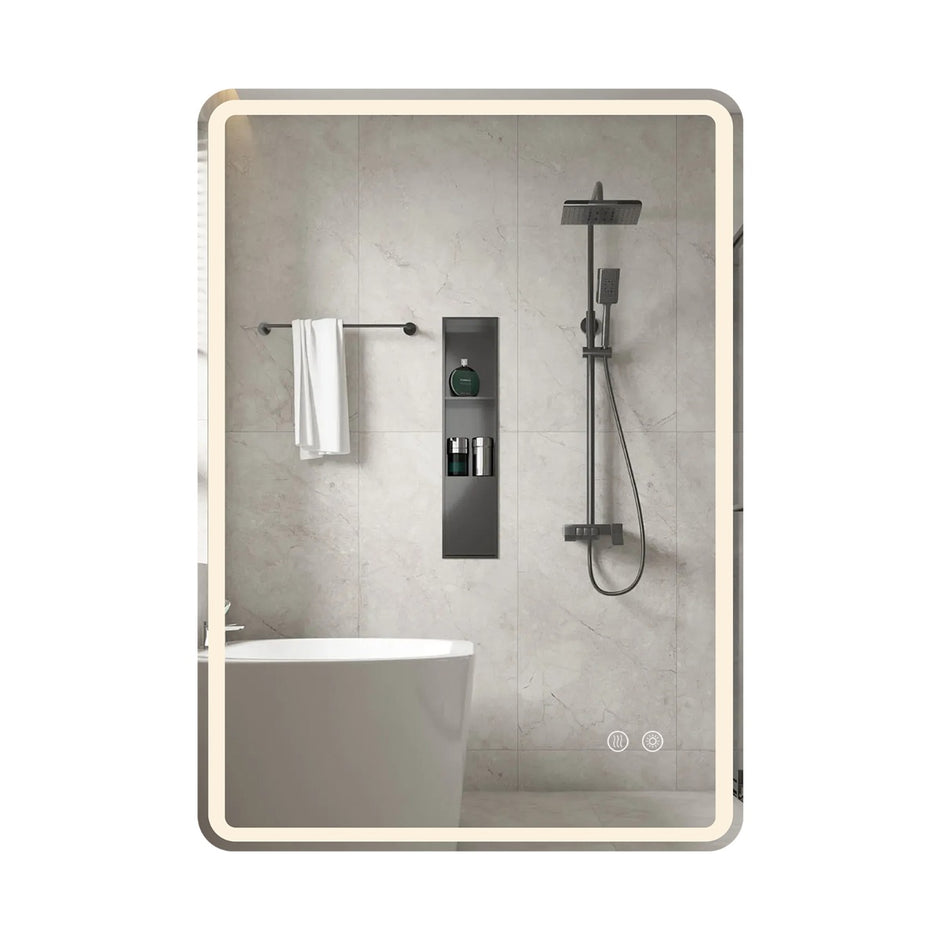 Badrumsspegel – med LED belysning och imma säker väggspegel i härdat glas cm. – 80 x 60 x 3 – Silver