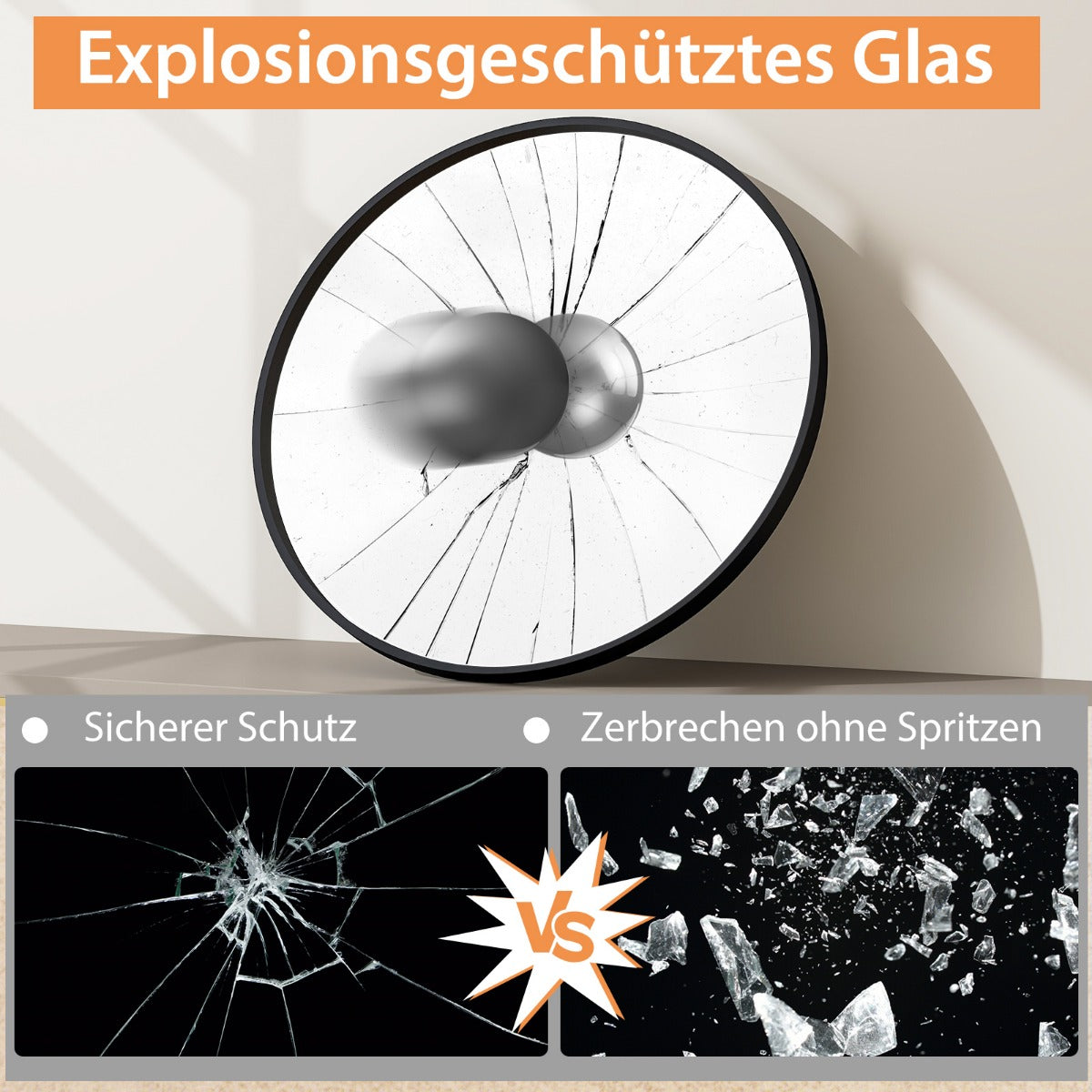 Badrumsspegel – hängande explosionssäker väggspegel för rund – 61 x 61 x 2,5 cm – Svart