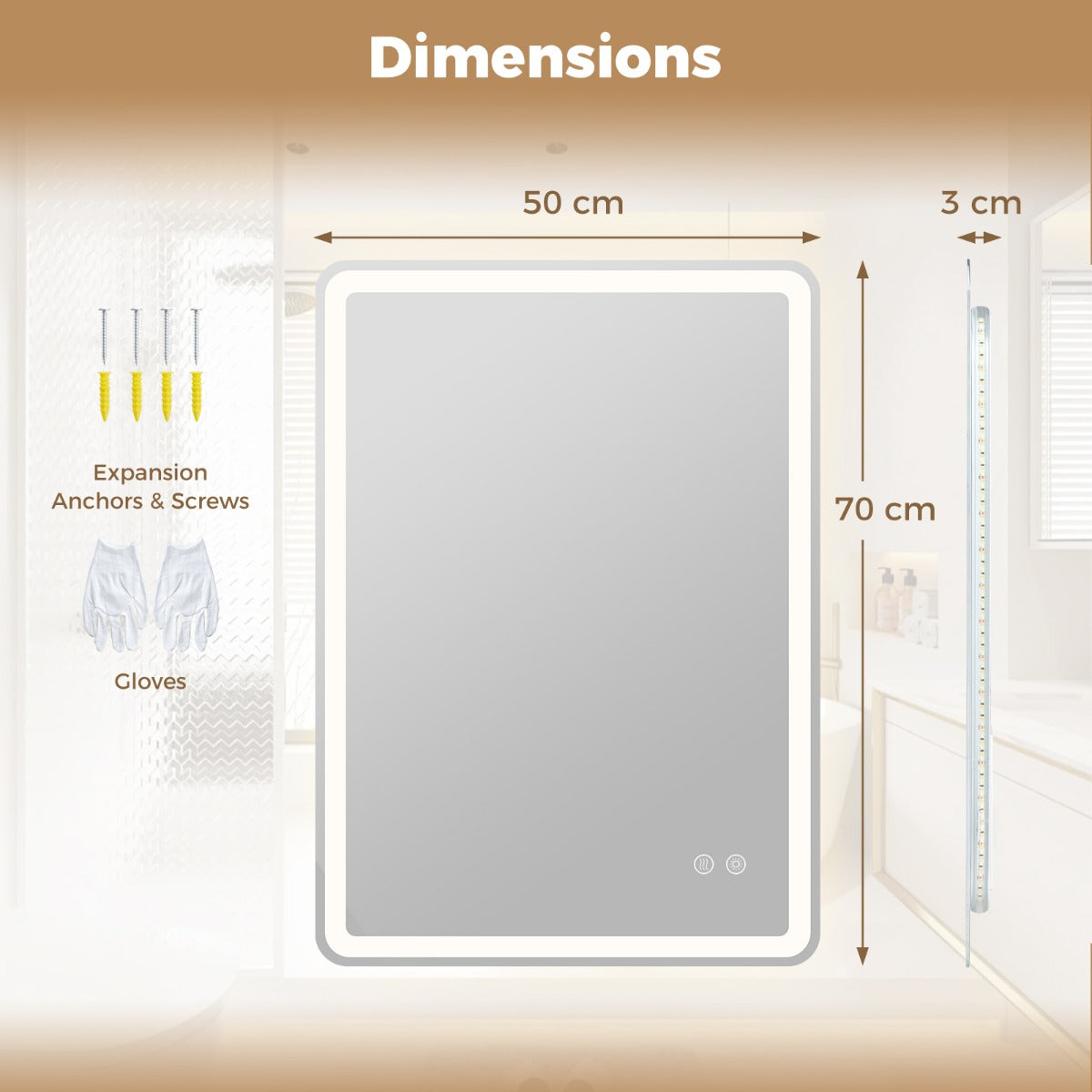 Badrumsspegel – med LED belysning och imma säker väggspegel i härdat glas cm. – 70 x 50 x 3 – Silver