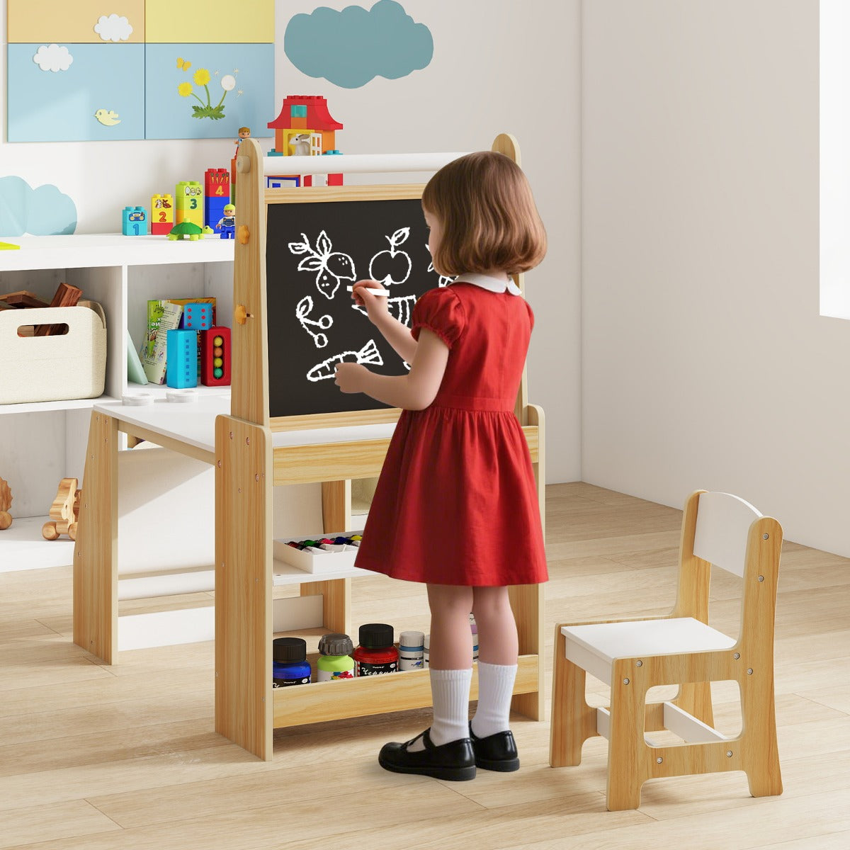Barnkonstbord – och stol set multifunktionellt barnbord med staffli whiteboard griffeltavla – Natur