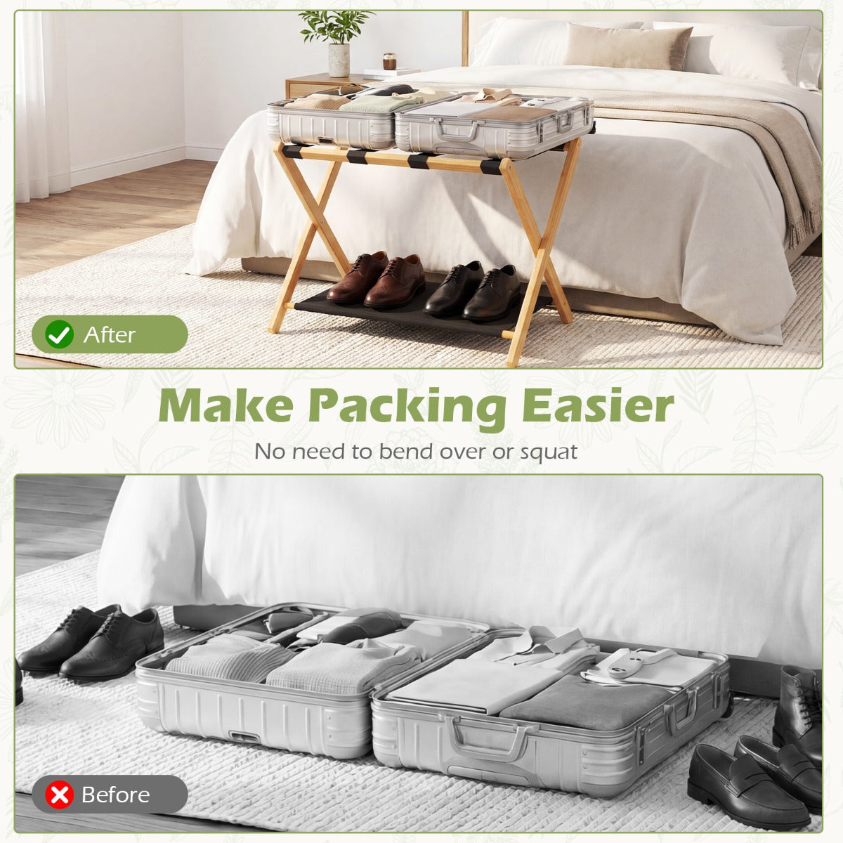 pack – vikbar bagageställ med nylonremmar och Oxford stoff hyllor, bagageförvaring – 2 – Natur