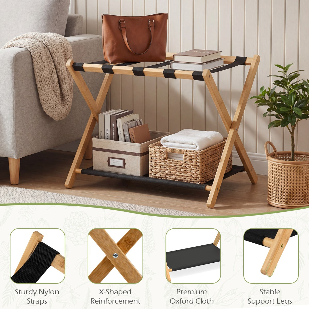 pack – vikbar bagageställ med nylonremmar och Oxford stoff hyllor, bagageförvaring – 2 – Natur