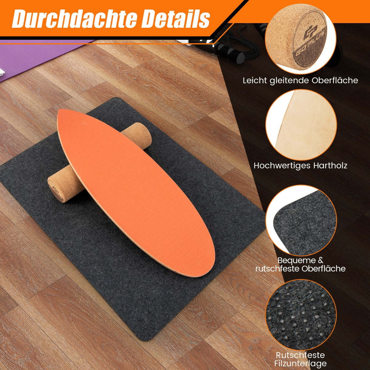 Balansbräda – gjord av trä Wobble Board med rulle och filt i Balance Kit – 3 1 – Orange