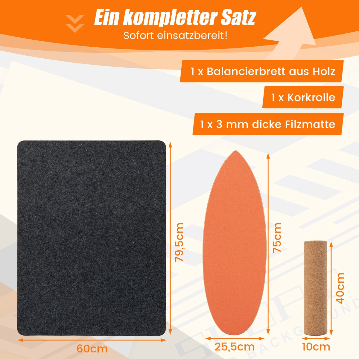 Balansbräda – gjord av trä Wobble Board med rulle och filt i Balance Kit – 3 1 – Orange