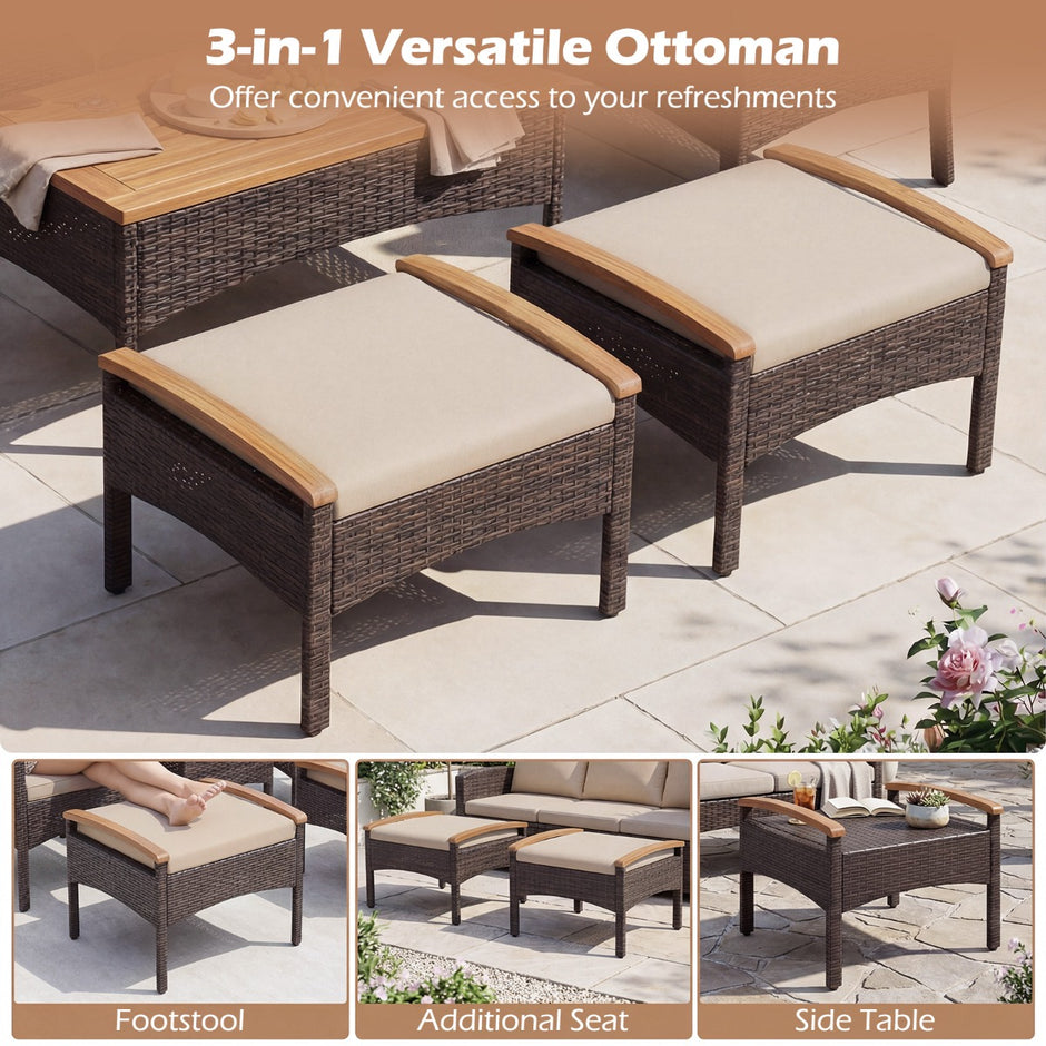Rattan – trädgårdsmöbel inklusive stolar med pallar och bord kuddar, akacie trä, balkonset – 2 – Beige
