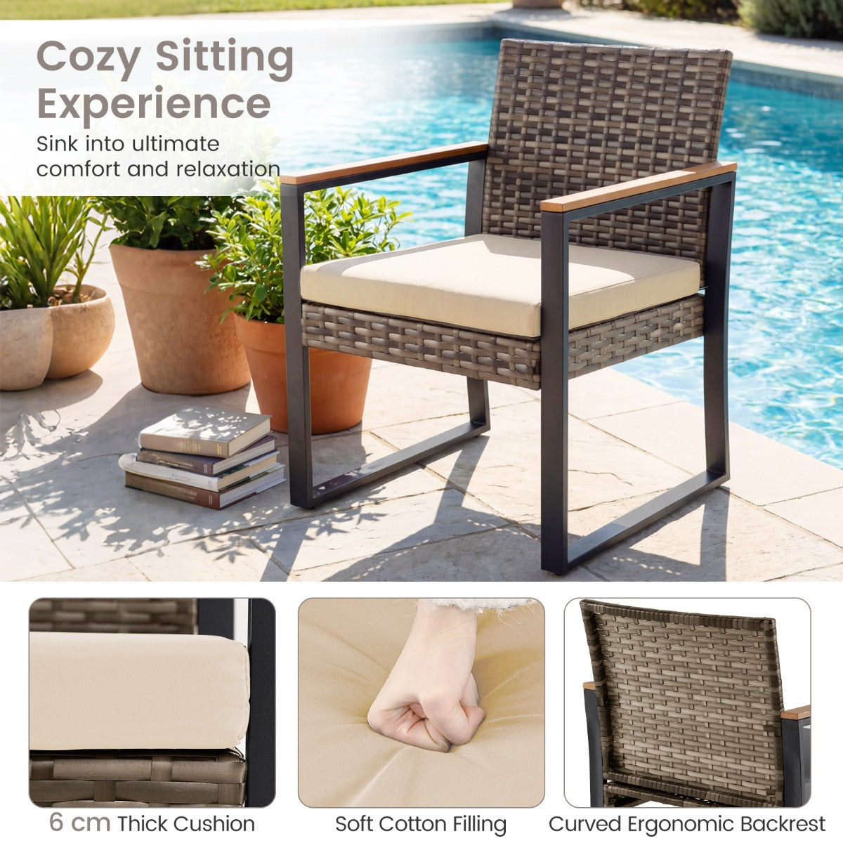 Balkongmöbler – Set Med Stolar och Sidobord Mjukta Kuddar Sittgrupp Lounge – 2 – Beige