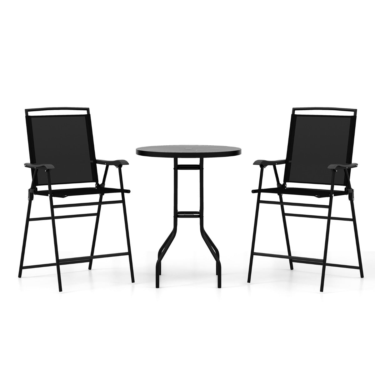 Bistrobord – med fällbara stolar och paraplyhål delat Utomhus barstol Set Balkongmöbler – 2 3 – Svart