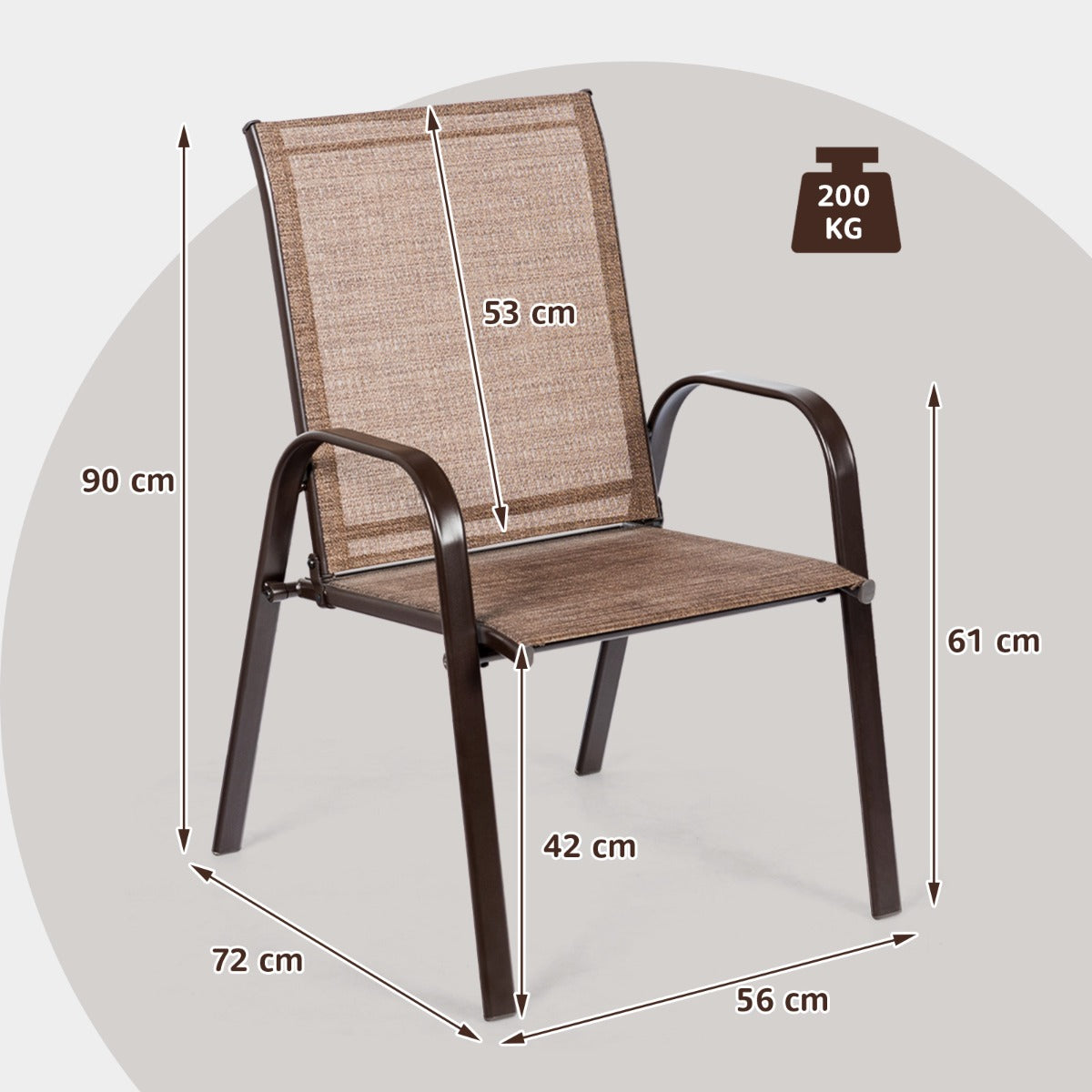 Set – med trädgårdsstolar böjda armstöd och förstärkt metallram utomhus bistrostolar – 2 – Brun