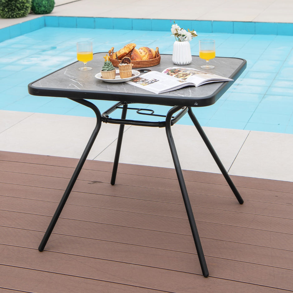 Trädgårdsbord – med bordsskiva av konstgjord marmor Terrassbord paraplyhål – 80 x 80 x 72,5 cm – Grå