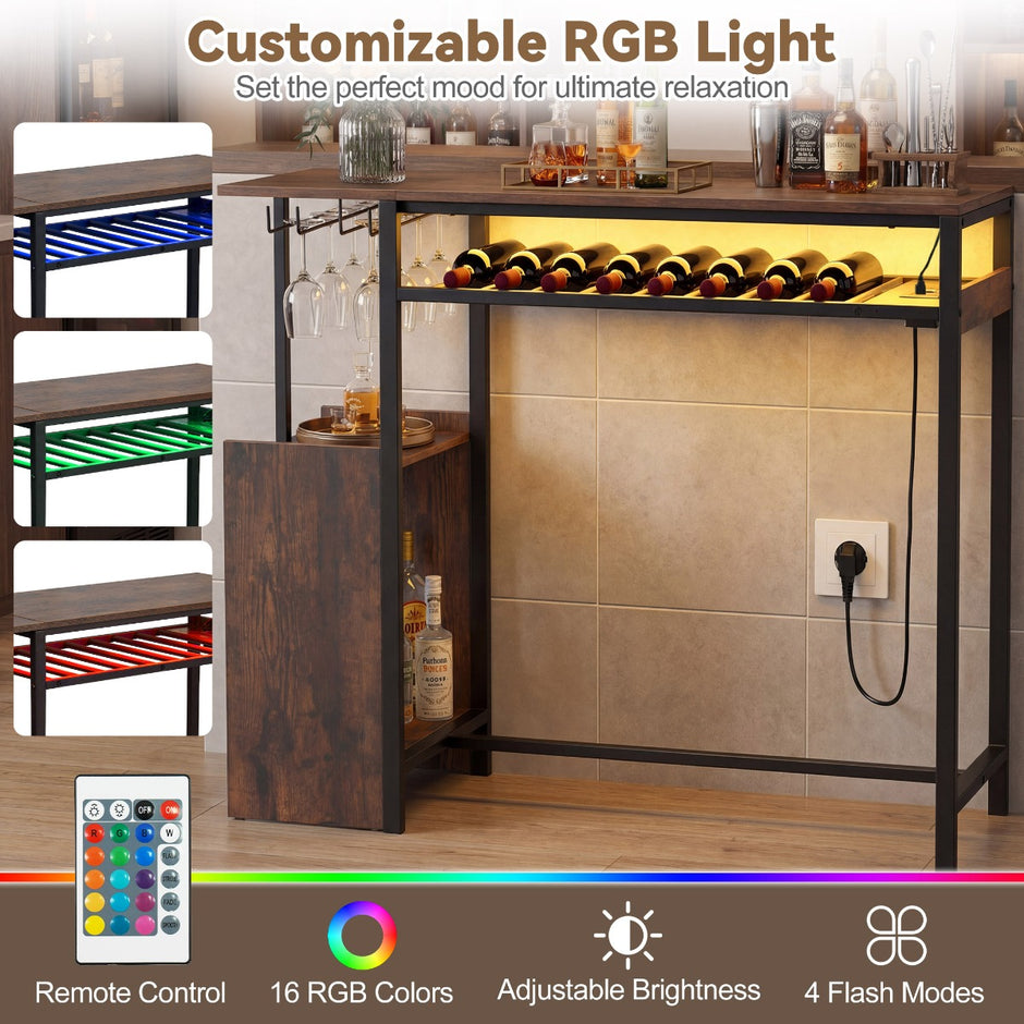 Barbord – matbord med RGB belysning, flaskhylla, glasställ, eluttag och USB C anslutning – Brun