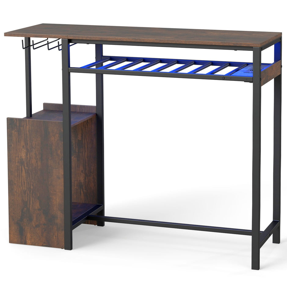 Barbord – matbord med RGB belysning, flaskhylla, glasställ, eluttag och USB C anslutning – Brun