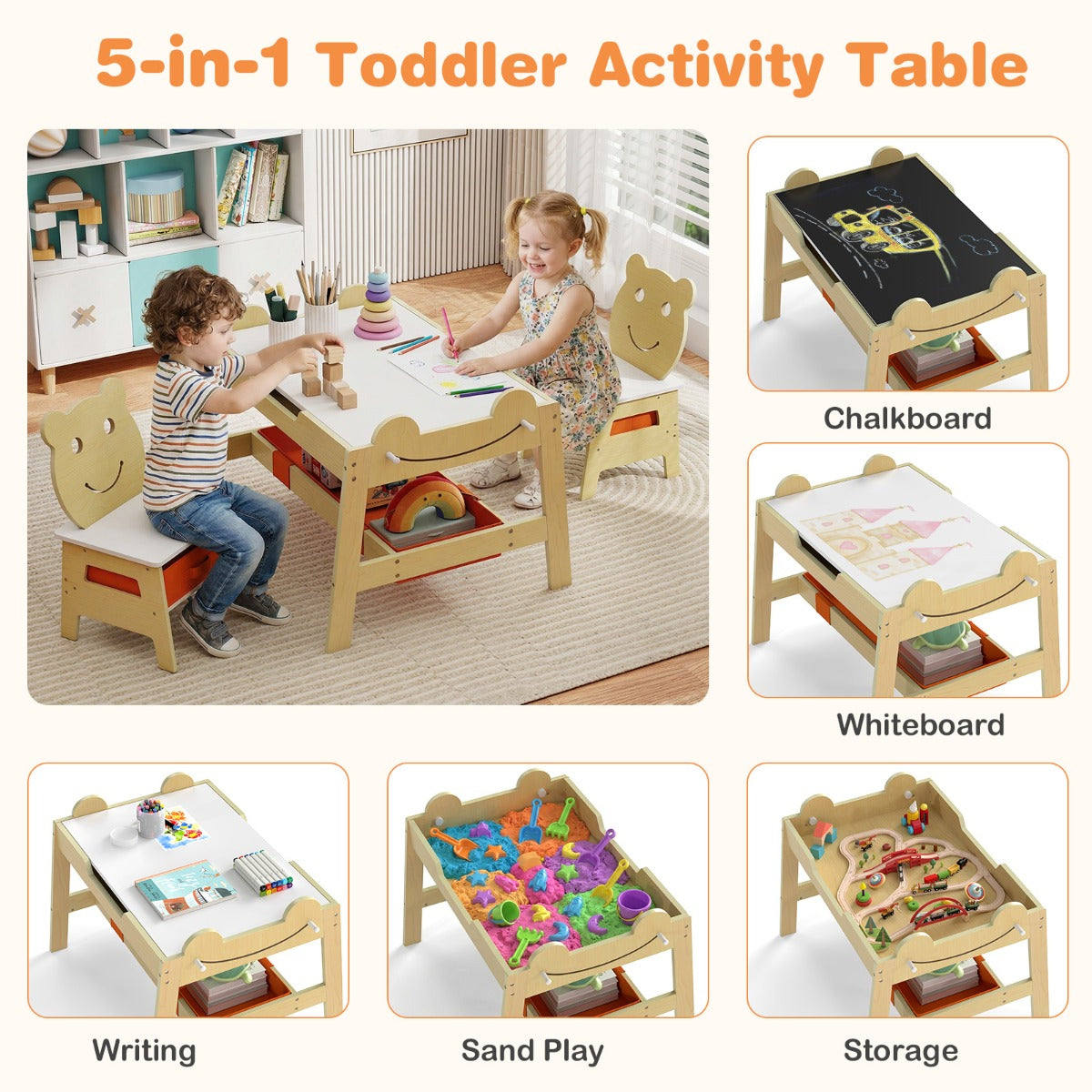 i – målbord med vändbar tavla och whiteboard barnsittgrupp i björnform förvaringsutrymme Naturfärgad – 5 1 – Natur