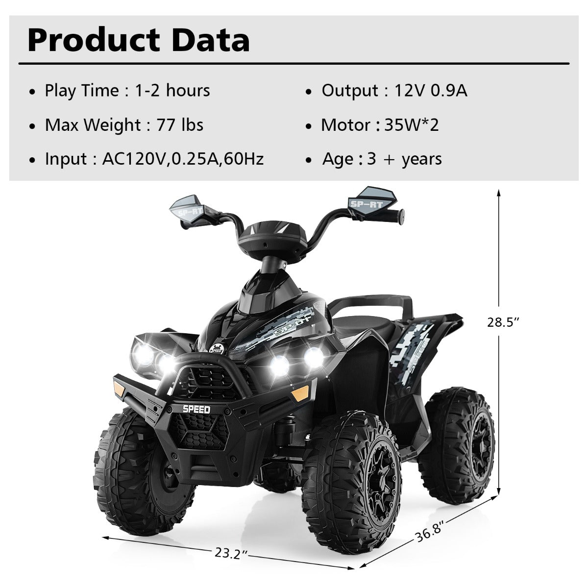 12V – el quad med musik tuta och LED strålkastare elektrisk – Svart