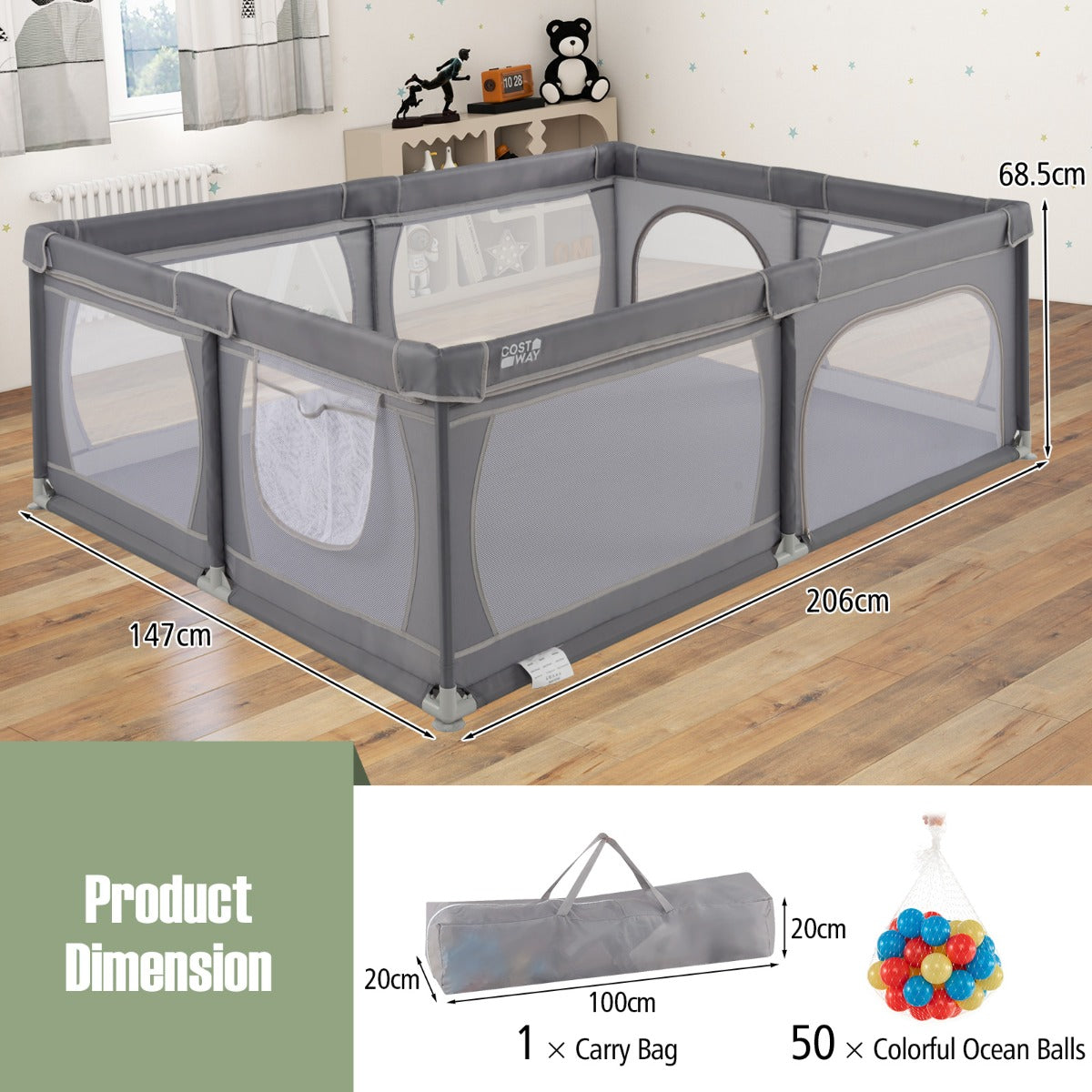 Barngaller – med bollar och dörrar andningsbart nät, lekskydd – 50 2 205 x 147 cm – Grå och vit