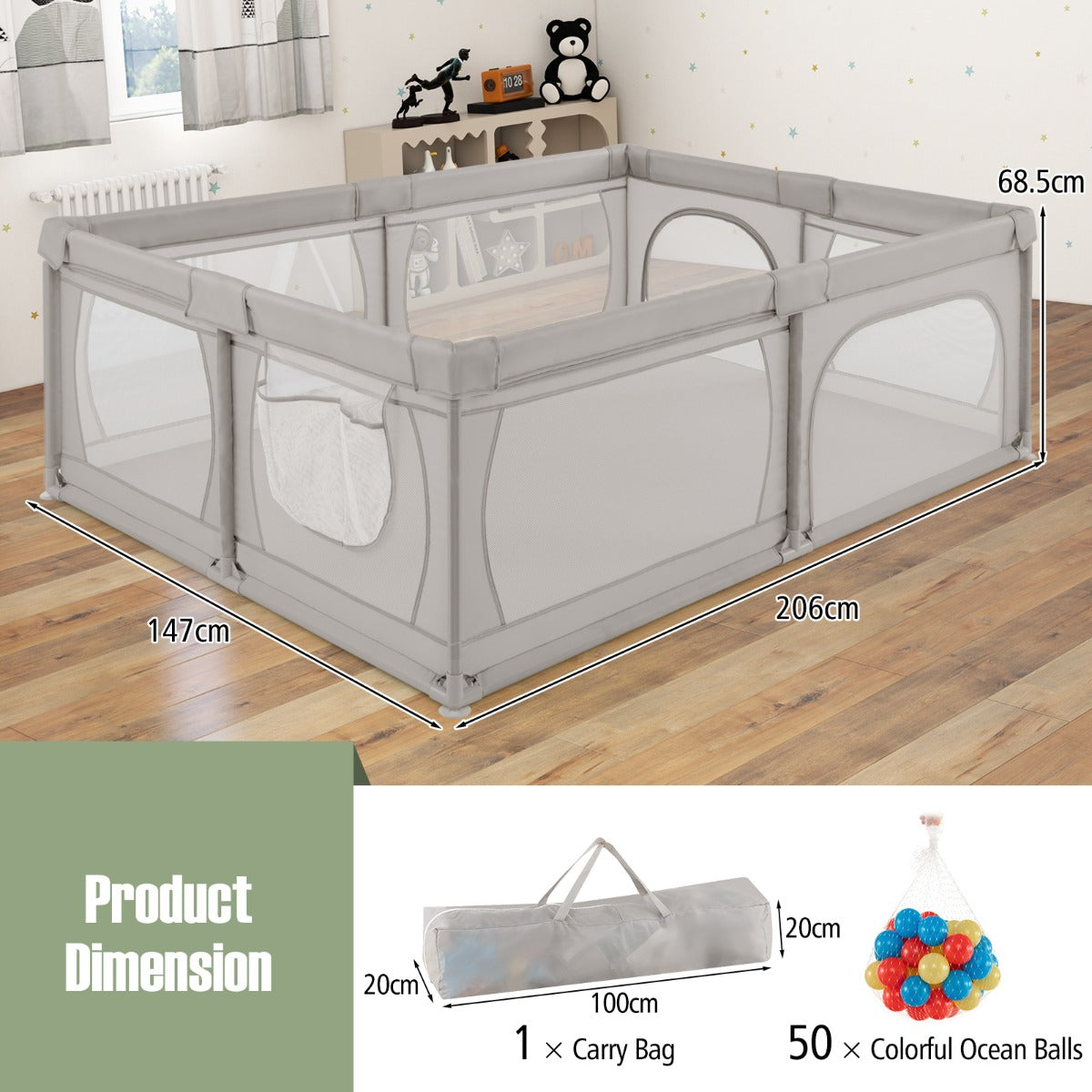 Barngaller – med bollar och dörrar andningsbart nät, lekskydd – 50 2 205 x 147 cm – Grå