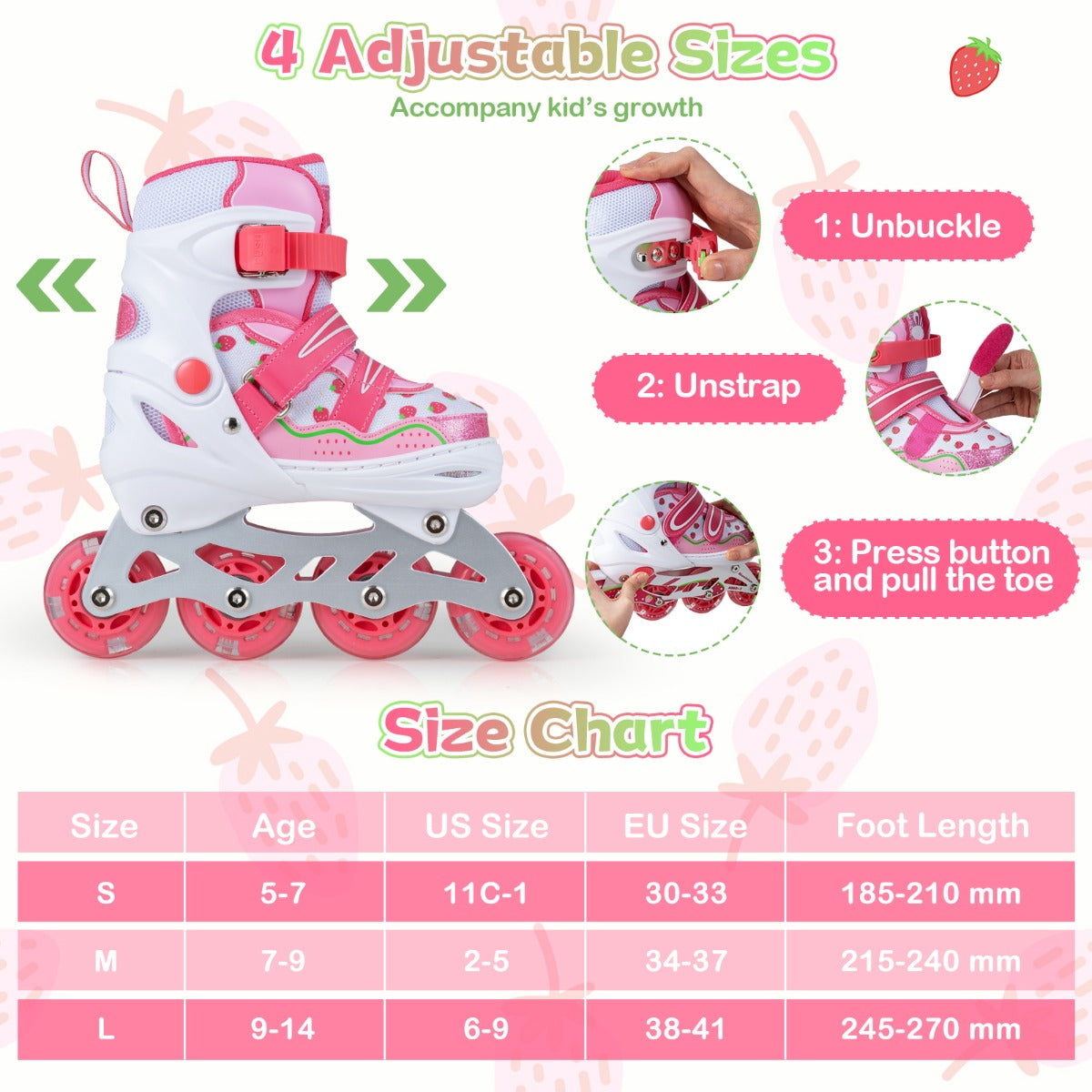 Inline – Skates barn storlekar justerbara med lysande hjul S – 4 – Rosa