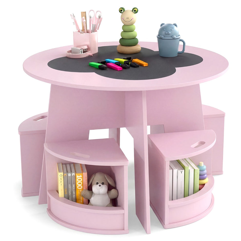 Maltisch – för barnrum, barnbord och stol set runt, delig barnsitgrupp – 5 – Rosa
