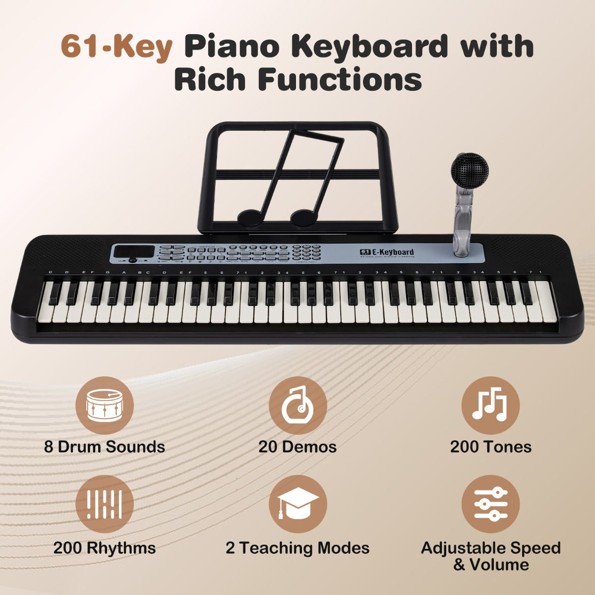 Tangenter – Barnpiano Keyboard Inomhusmusikinstrument med justerbart ställ Mikrofon – 61 – Svart