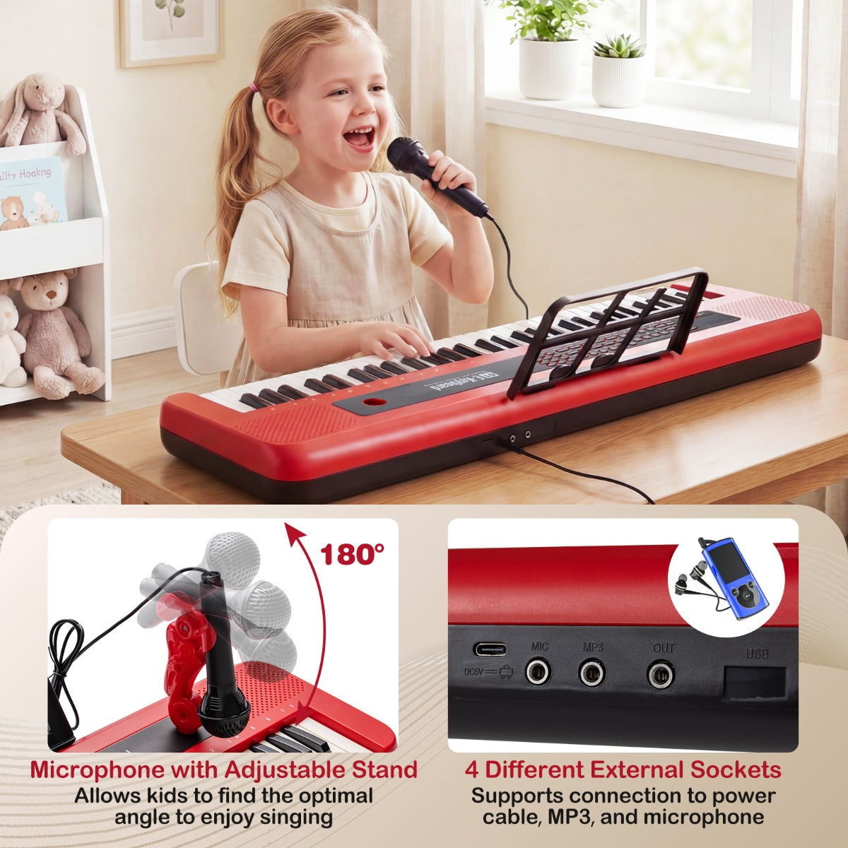 Tangenter – Barnpiano Keyboard Inomhusmusikinstrument med justerbart ställ Mikrofon Rött – 61 – Röd