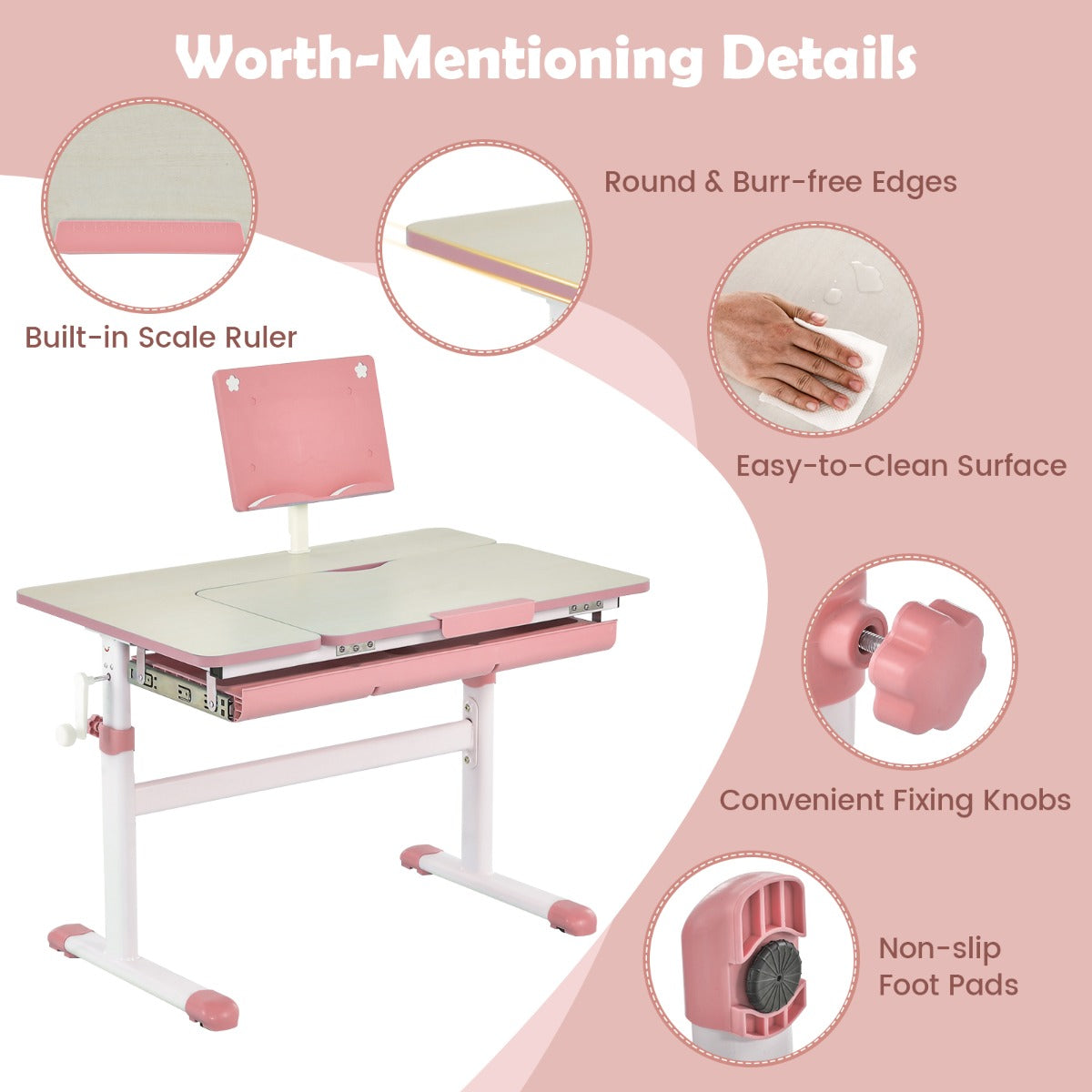 Höjjusterbart – barnskrivbord + barnroterbar stol set, – . – Rosa