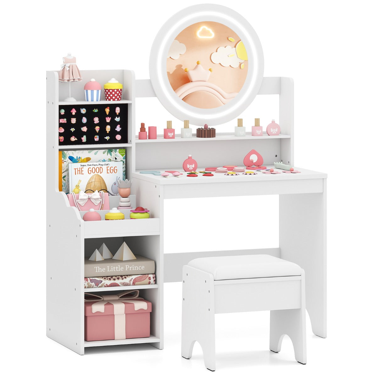 Barn – Sminkbord med Spegel och Ljus Prinsessa Lekbord Hylla Ringspår Polsterad Pall – Vit