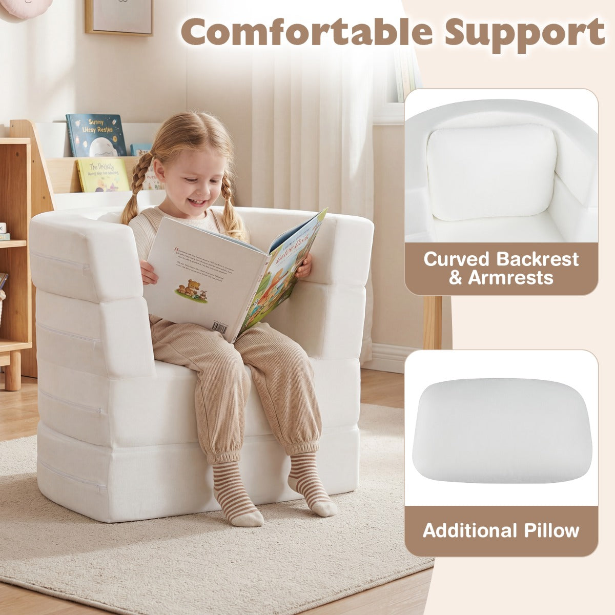 i – barnsängsoffa vikbar med mjuk skummad fyllning och bekväm kudde – 3 1 – Beige