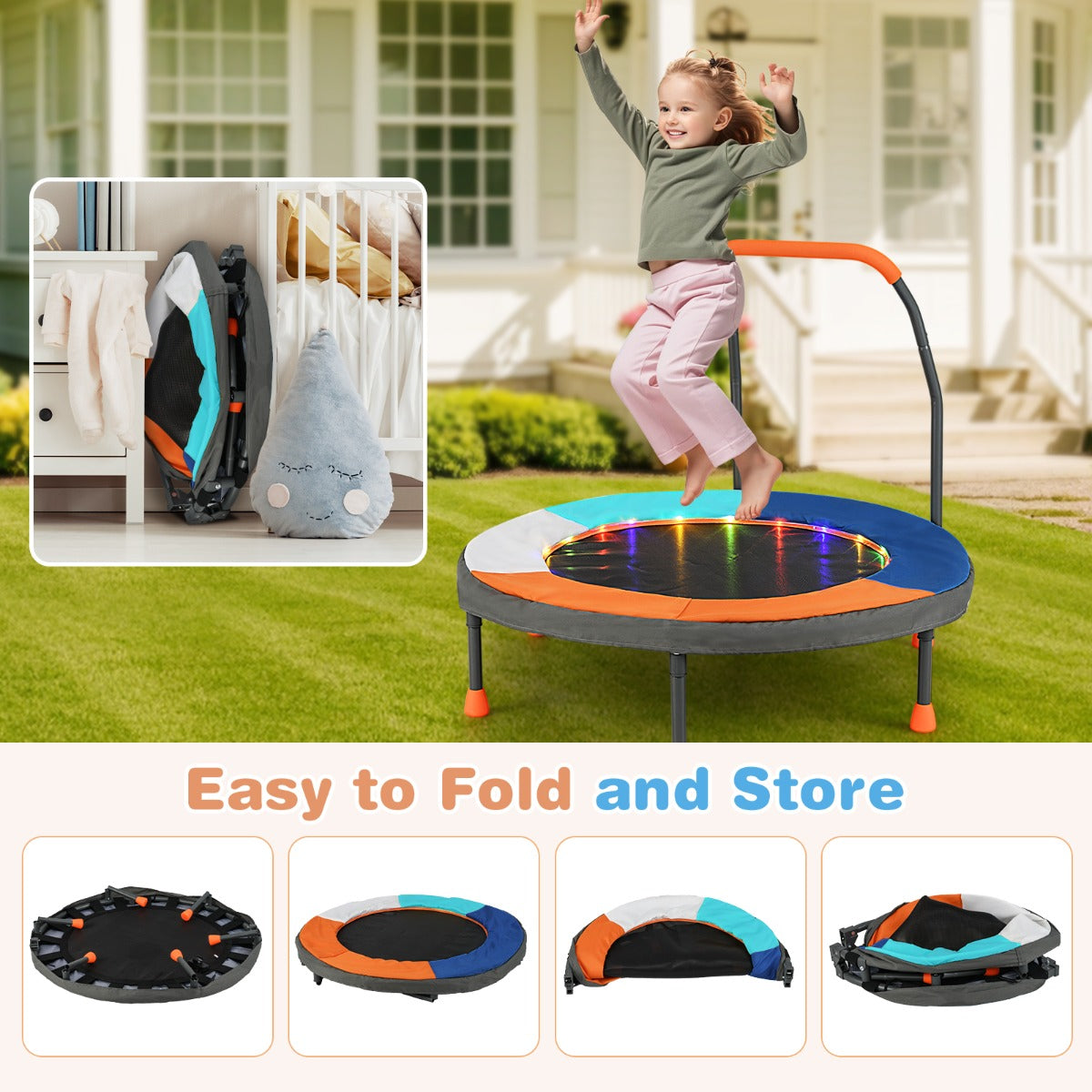 Barntrampolin – Med LED Belysning Och Handtag Väska Mini Mörkblå – Ø 90 Cm – Marinblå