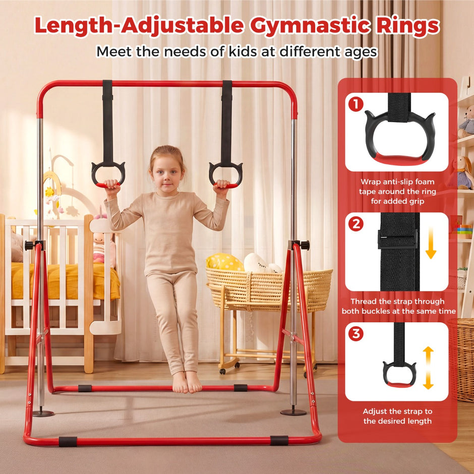 Barns – hoppfällbara gymnastikstång med justerbara höjder och gymnastikringar Barrstång – 4 – Röd