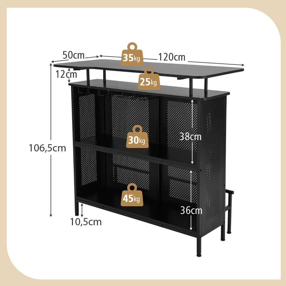 Köksbarbord – med vinställ och glashållare justerbara fötter – 2 6 120 x 50 x 106,5 cm – Svart